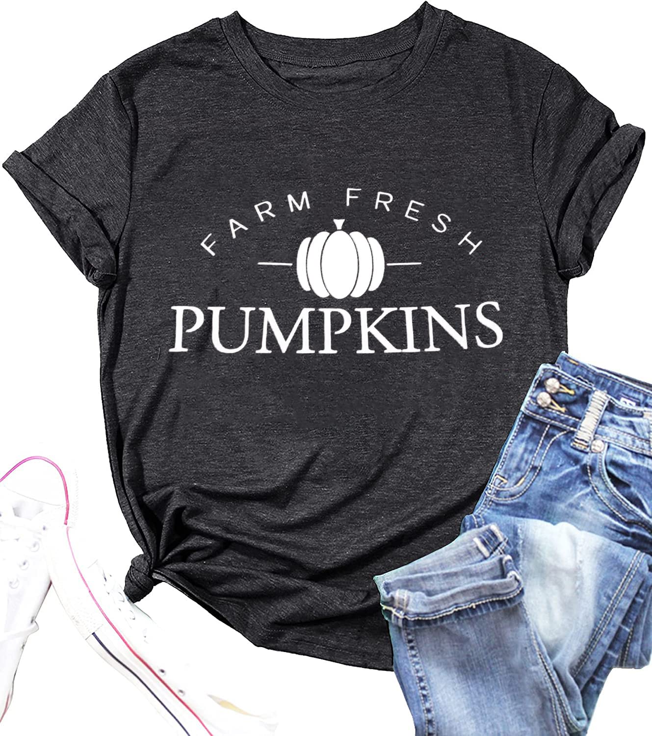 Farm Fresh Pumpkin Graphic T-Shirt for Women - Cute Fall Thanksgiving Short Sleeve Tee - Perfect for Autumn Outings, Harvest Festivals & Cozy Seasonal Style