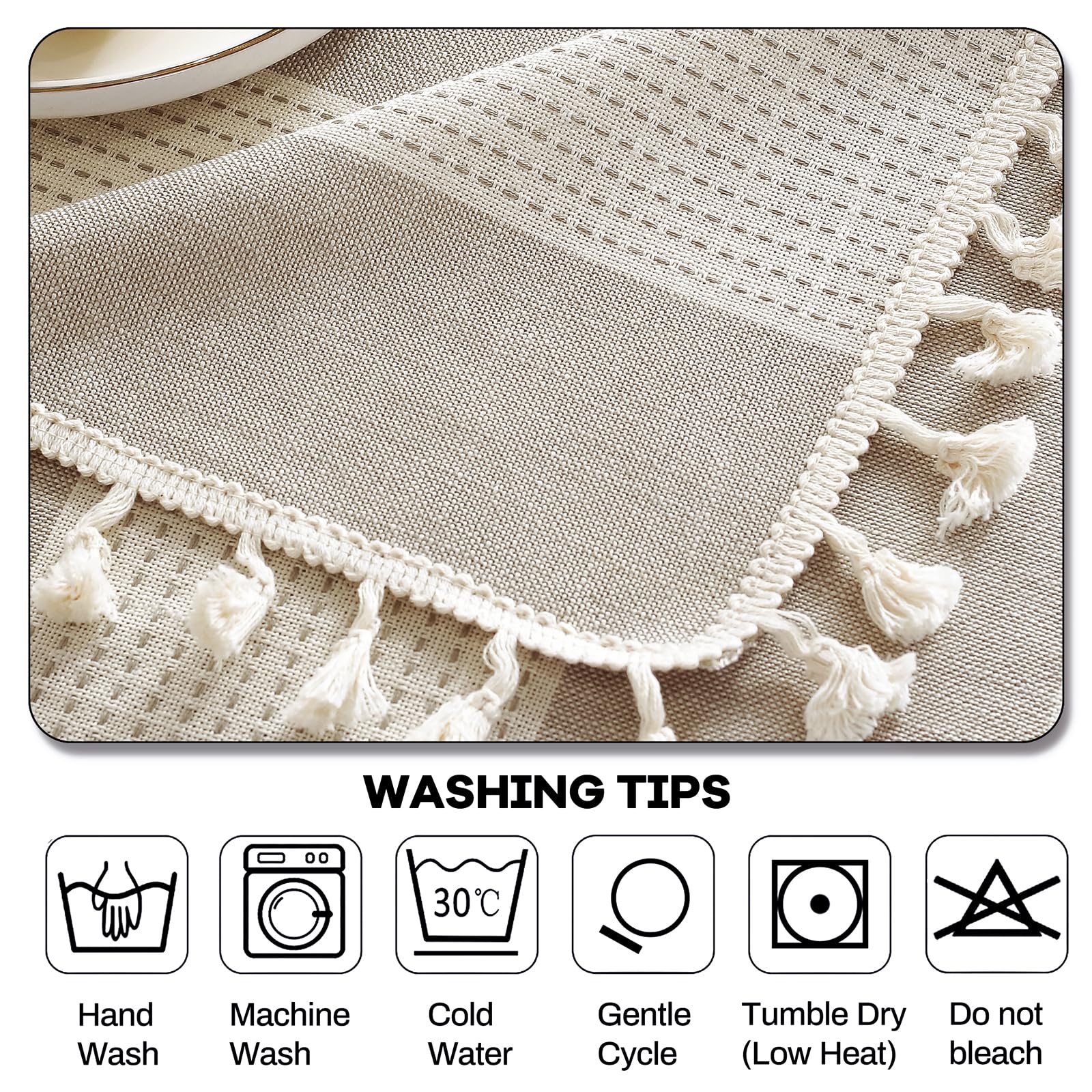 AmHoo Striped Cotton Linen Tablecloth - 54 x 86 Inch Beige Rectangle Kitchen Dining Table Cover with Tassel Trim, Dust-Proof & Washable - Perfect for Everyday Meals, Dinner Parties & Holiday Decor