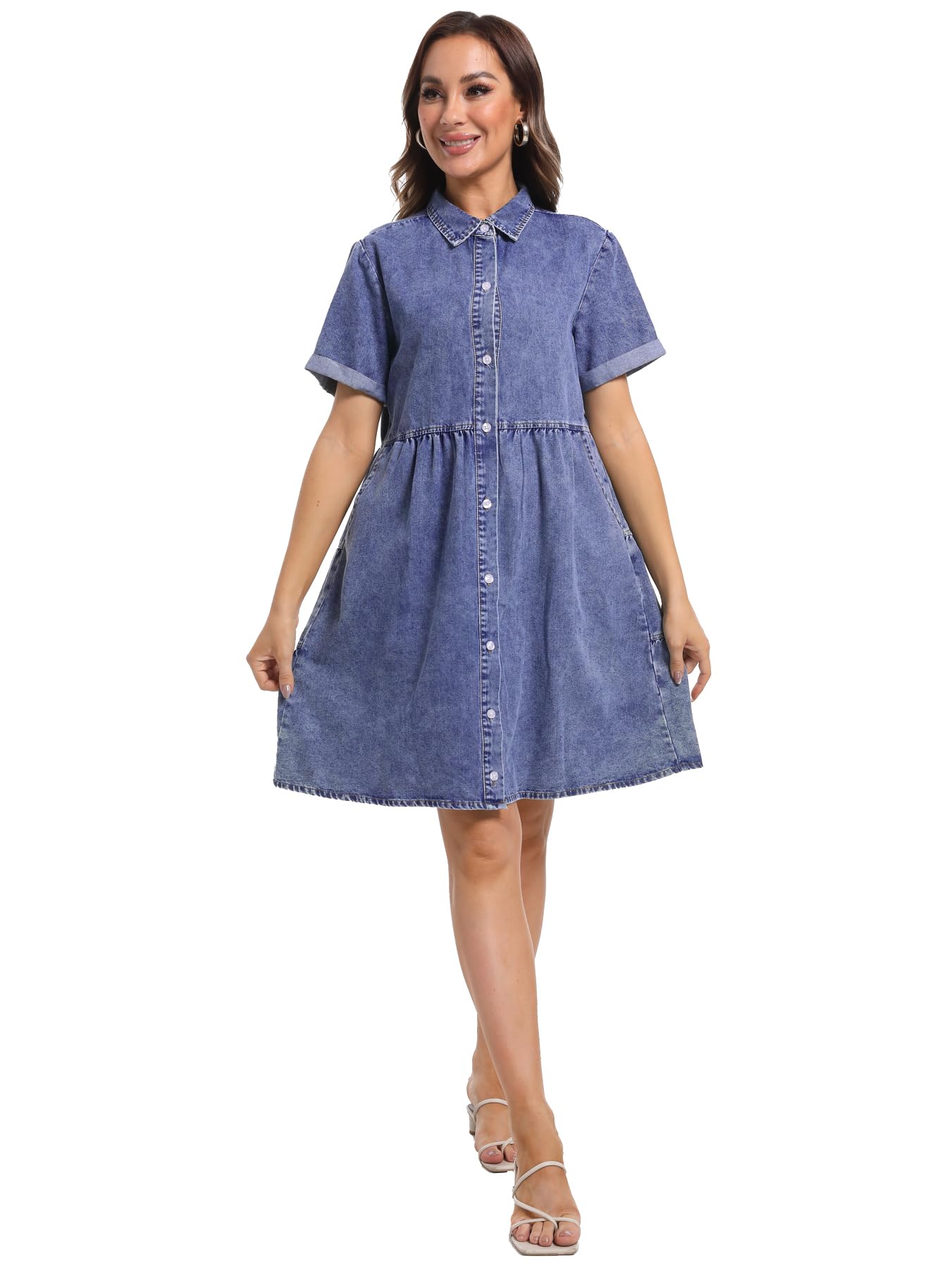 Women's Denim Dress Short Sleeve Button Down Summer Casual Jean Tunic Top - Perfect for Beach Outings, Date Nights & Everyday Wear