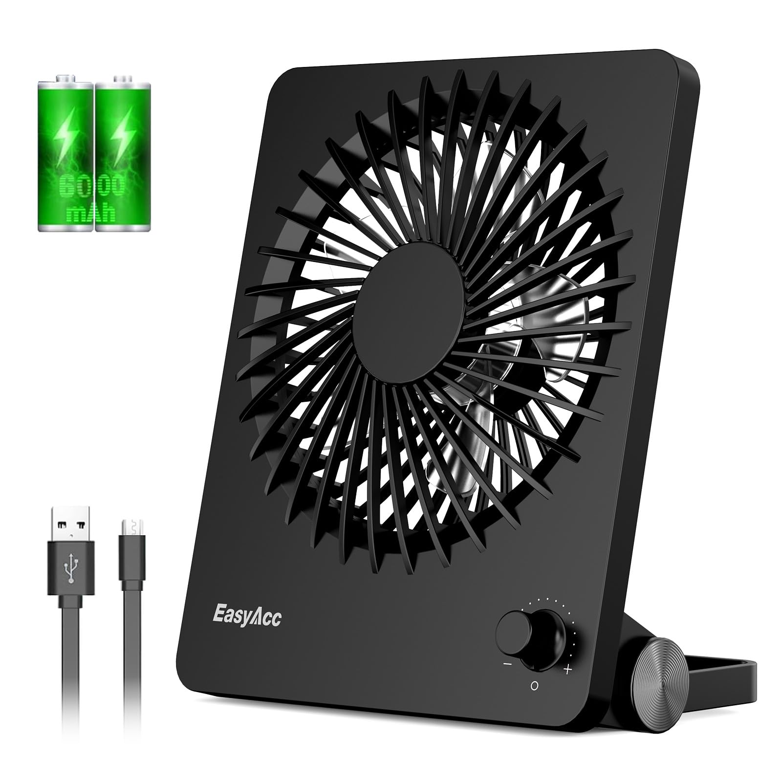 EasyAcc Powerful Desk Fan - 6000mAh Long Battery Life, Rechargeable Portable Personal Fan with Stepless Speed Control | Quiet Desktop Fan for Office, Home, Travel, Outdoor, Cruise & Sporting Events | Perfect for Workstations, Bedrooms, Camping & Summer Cooling