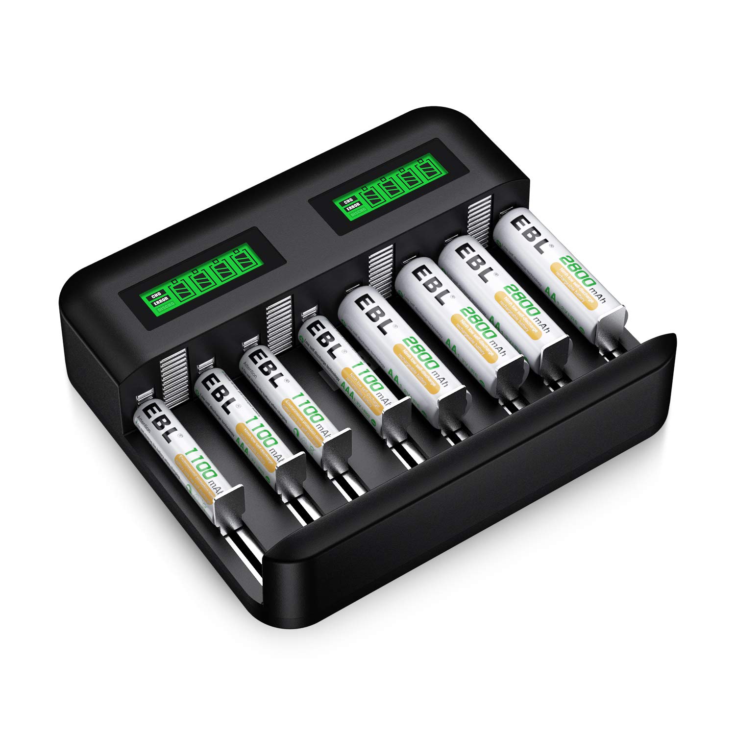 EBL 8-Bay AA AAA C D Battery Charger with 4-Pack 2800mAh NiMH AA & 4-Pack 1100mAh AAA Rechargeable Batteries - Fast Charging for Cameras, Toys, Flashlights & Electronics