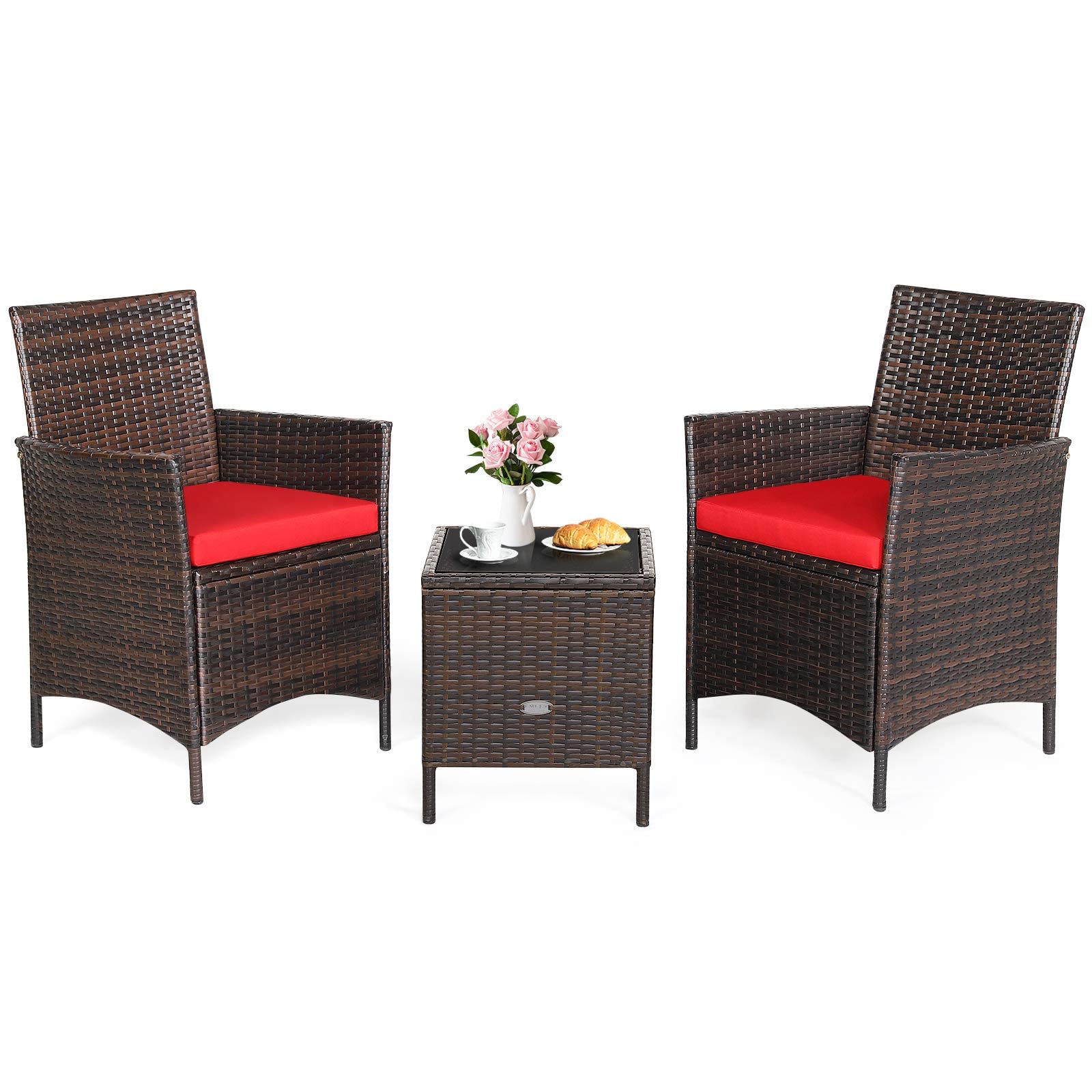 HappyGrill 3-Piece Patio Furniture Set - Wicker Bistro Set with Glass Coffee Table & Cushions, Outdoor Rattan Conversation Set for Garden, Lawn, Poolside, Backyard | Perfect for Relaxing, Entertaining & Outdoor Dining