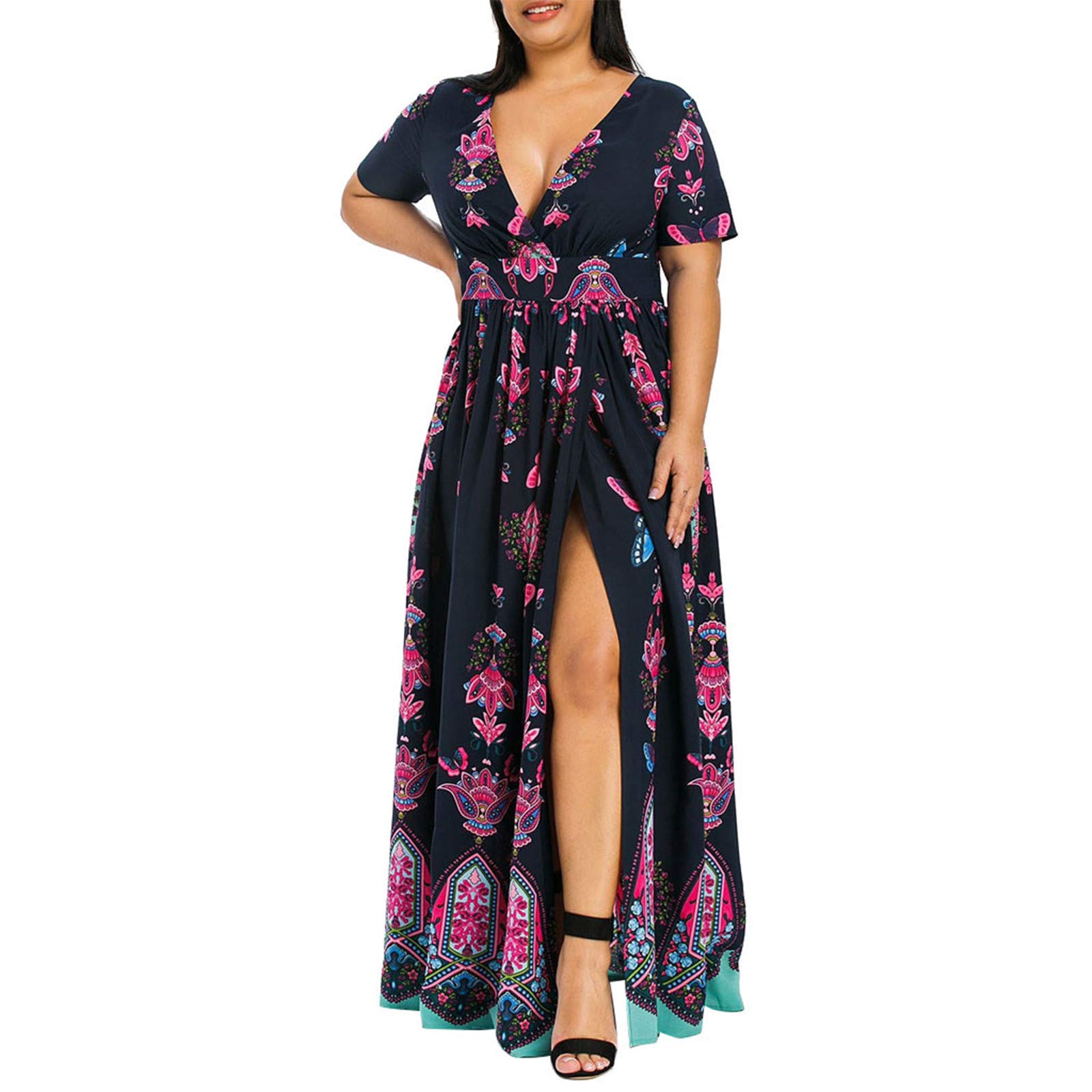 Plus Size Boho Short Sleeve Maxi Dress for Women - Floral Wedding Guest Cocktail Dress, Long Sundress for Beach, Party & Special Occasions
