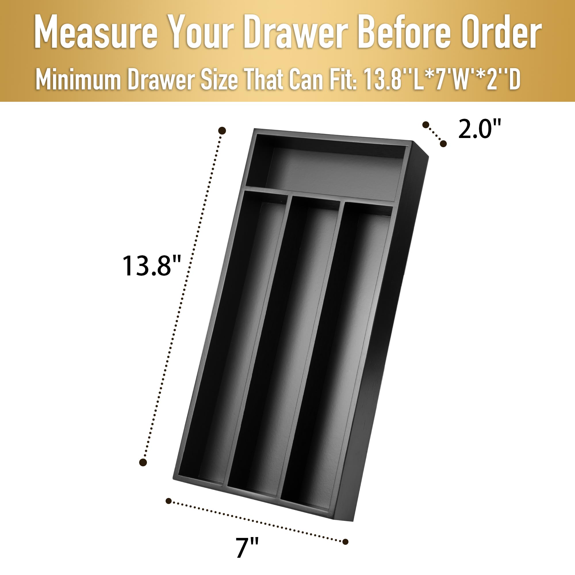 Premium Bamboo Silverware Organizer - 4 Slot Black Kitchen Drawer Tray for Utensils, Cutlery & Flatware | Space-Saving Drawer Storage Solution for Small Kitchens & Dining Areas