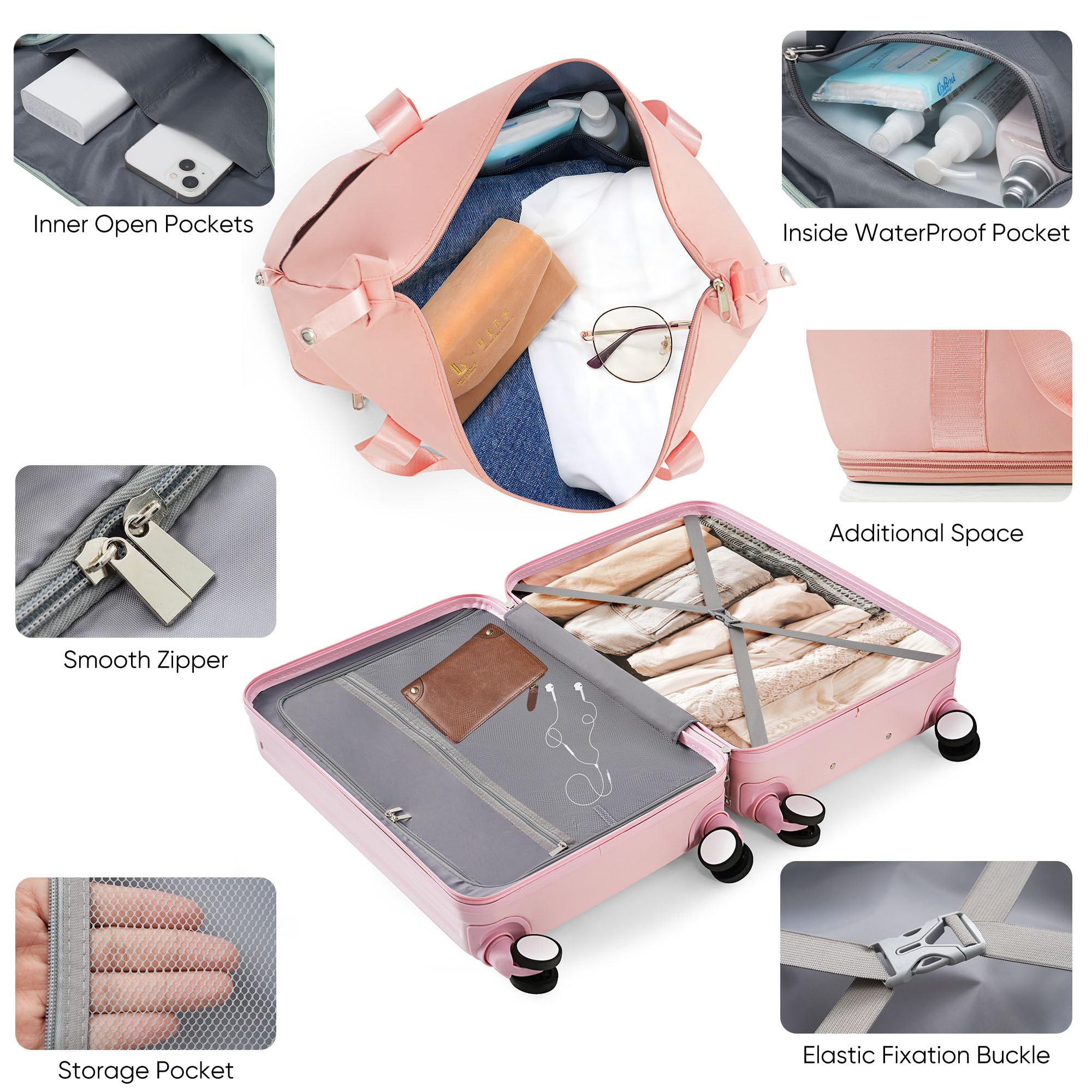 Merax 2-Piece Lightweight Spinner Luggage Set with Built-in USB Port, Cup Holder & TSA Lock - Includes Cosmetic Carry On Bag (Baby Pink) - Perfect for Air Travel, Business Trips & Vacation Getaways