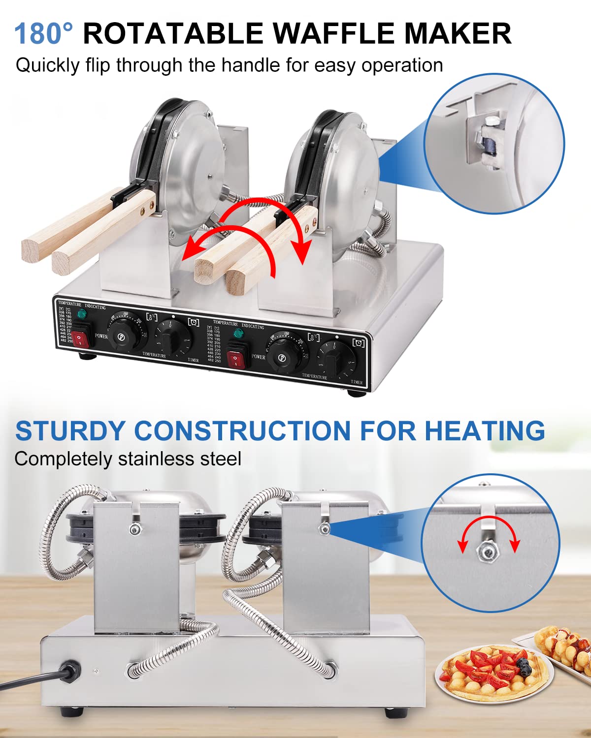 BAOSHISHAN 2800W Commercial Bubble Waffle Maker - Double Grid Electric Waffle Machine with 50-250°C Temperature Control, 180° Rotation & 0-5 Min Timer - Perfect for Cafes, Snack Shops & Home Breakfast (220V)