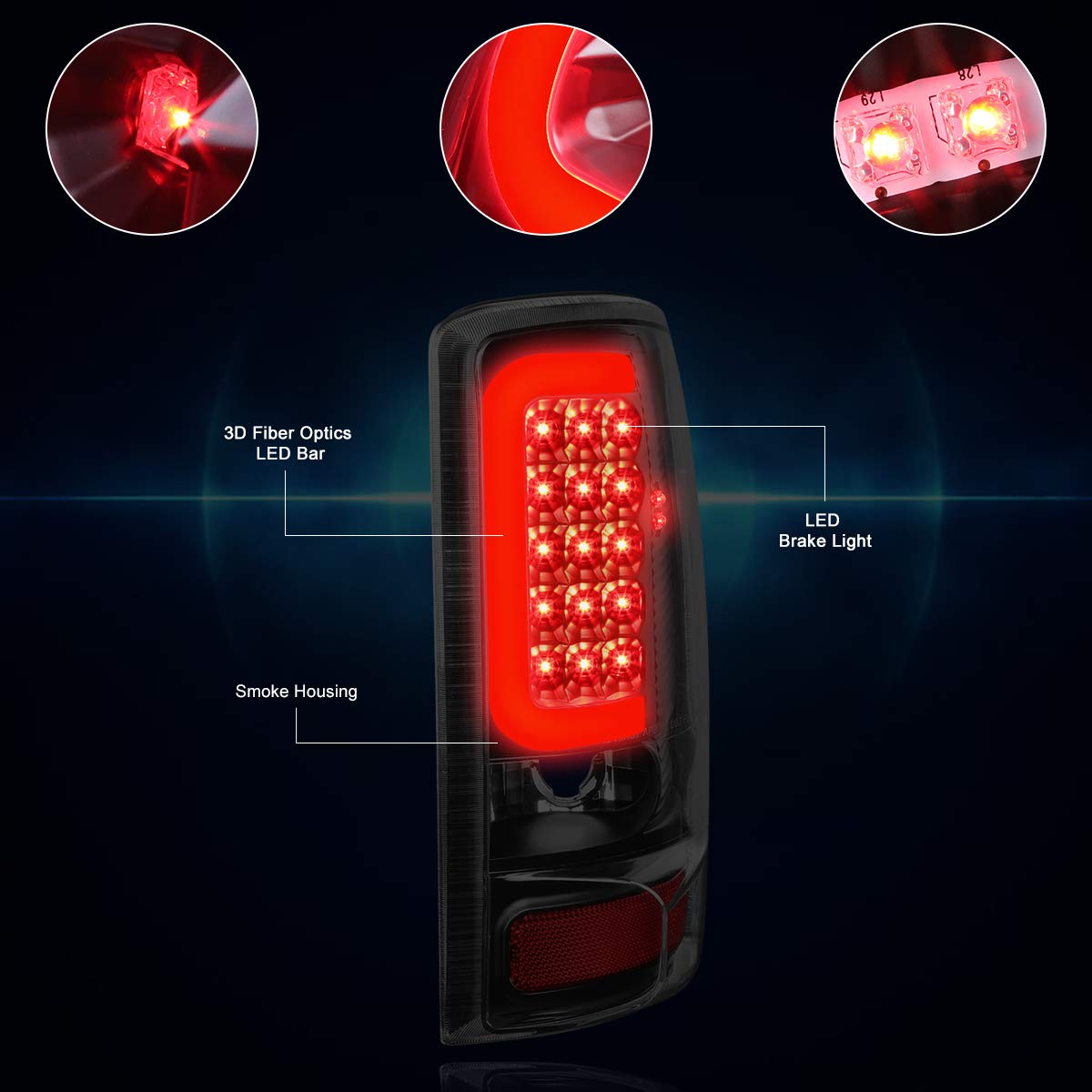PM PERFORMOTOR 3D LED C-Shape Tail Lights Brake Lamps Assembly - Black Housing & Smoked Lens - Compatible with 2000-2006 Chevy Tahoe & GMC Yukon - Upgrade Your Truck's Style & Night Visibility