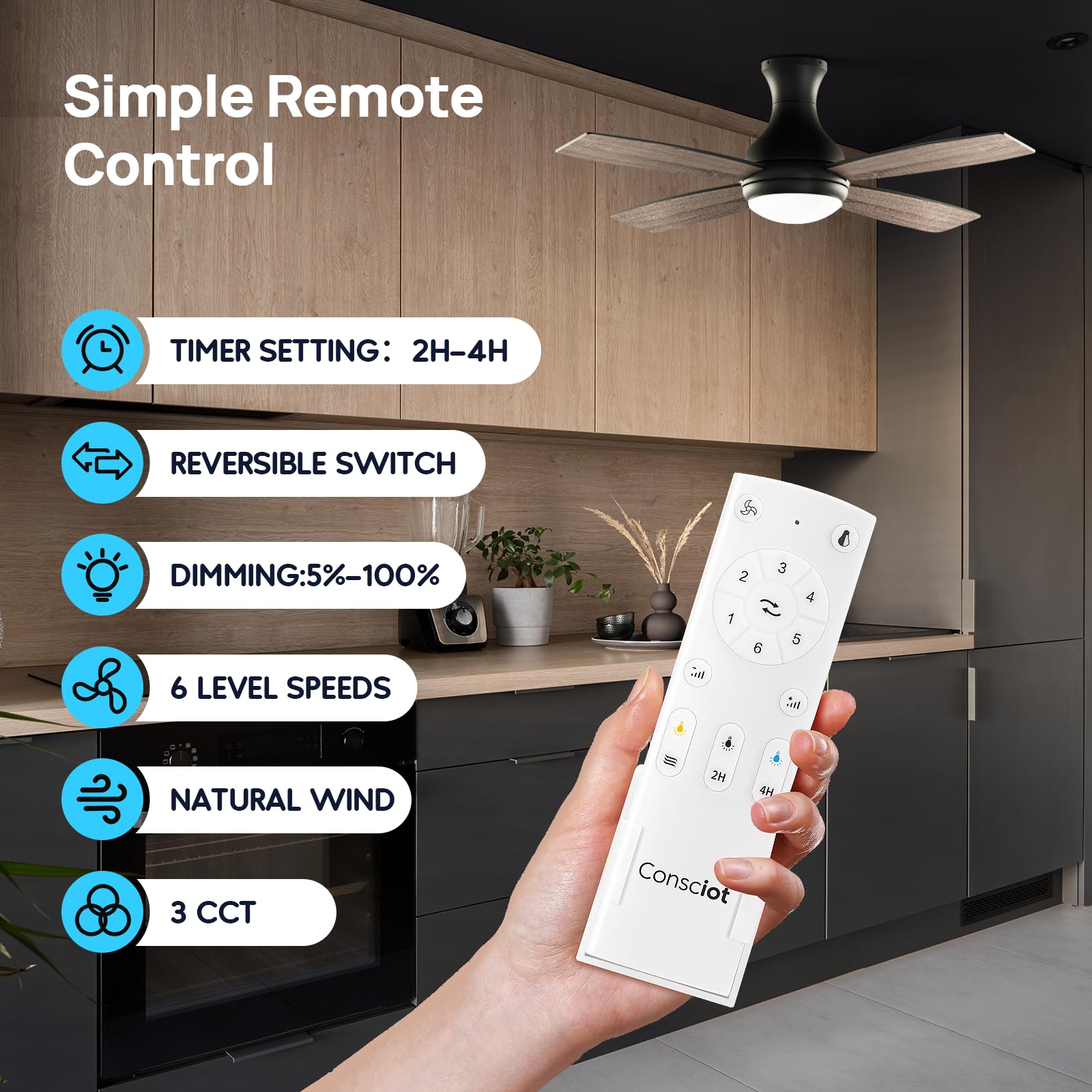 52 Inch Modern Black Ceiling Fan with Lights - Remote Control, Quiet Reversible DC Motor, Flush Mount, Dimmable 3CCT LED Light, Double Finish Blades - Perfect for Bedroom, Living Room, Office & Indoor Spaces
