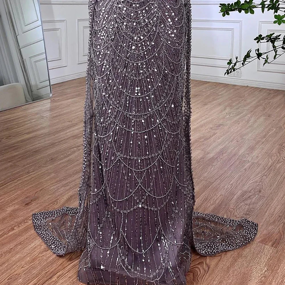 Luxury Dubai Saudi Arabia Blue Mermaid Cape Sleeve Beaded Evening Gown LA72160A - Elegant Formal Dress for Prom, Gala & Red Carpet Events