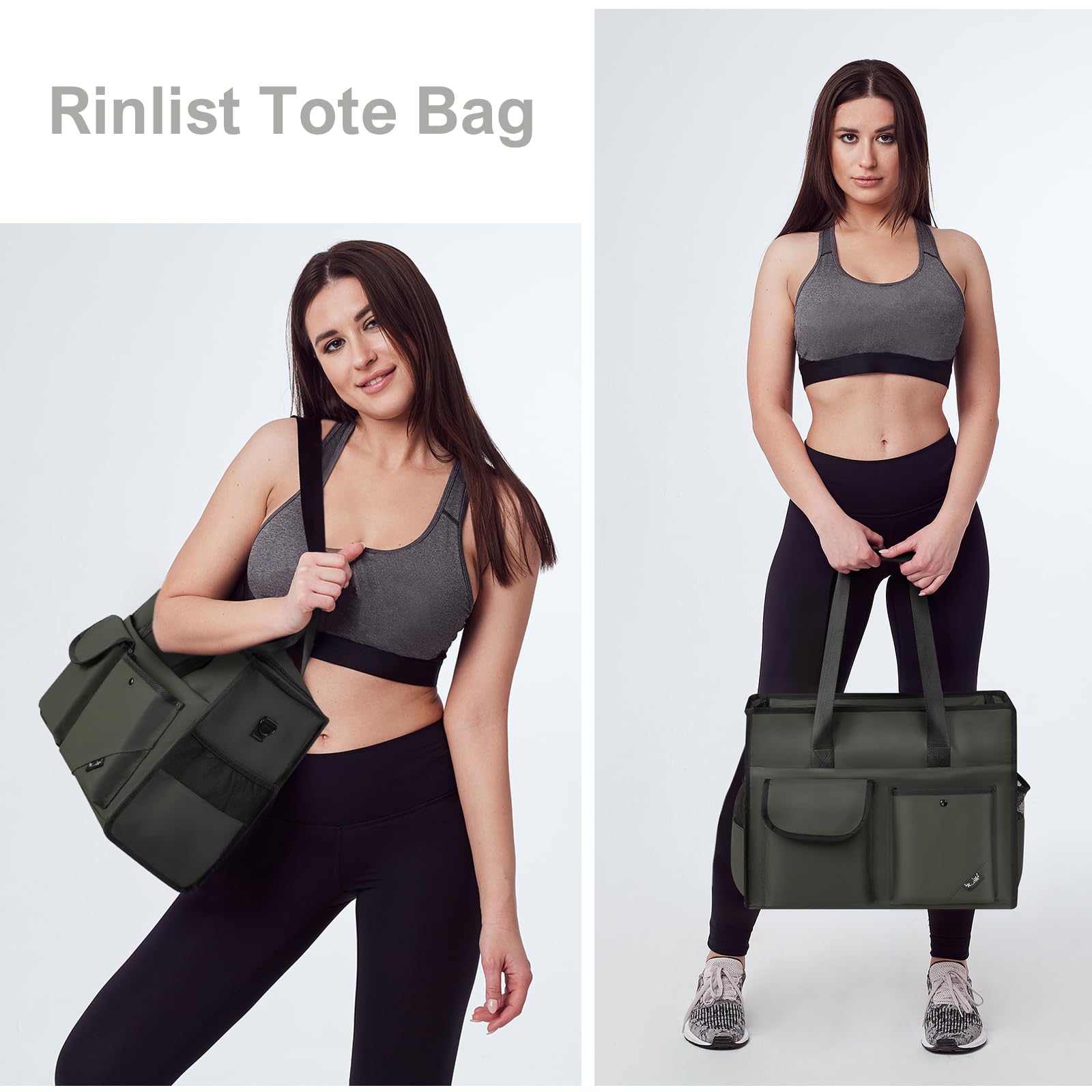 Stylish Large Tote Bag for Women with 15 Pockets & Zipper - Perfect Work Bag for Teachers, Nurses & Professionals - Spacious Laptop Handbag Carry-On - Dark Green - Ideal for Office, Travel & Daily Commute