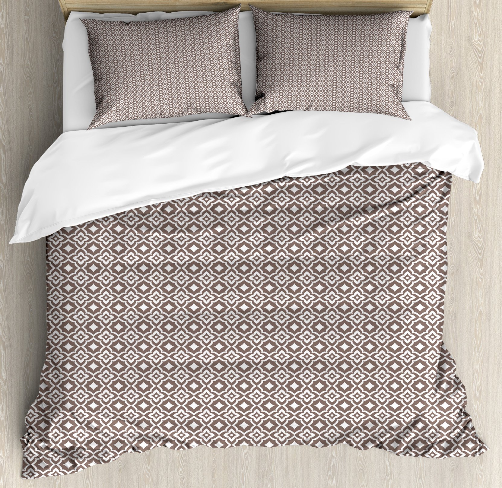 Vintage Floral Duvet Cover Set - Ambesonne Oriental Geometric Pattern 3-Piece King Size Bedding with 2 Pillow Shams in Taupe & White | Boho Chic Bedroom Decor for Master & Guest Rooms