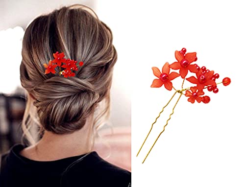 1pc Red Flower Bridal Pearl Hair Pin - Vintage Wedding Hair Accessories for Bride, Bridesmaids & Prom - Perfect for Weddings, Parties & Special Occasions