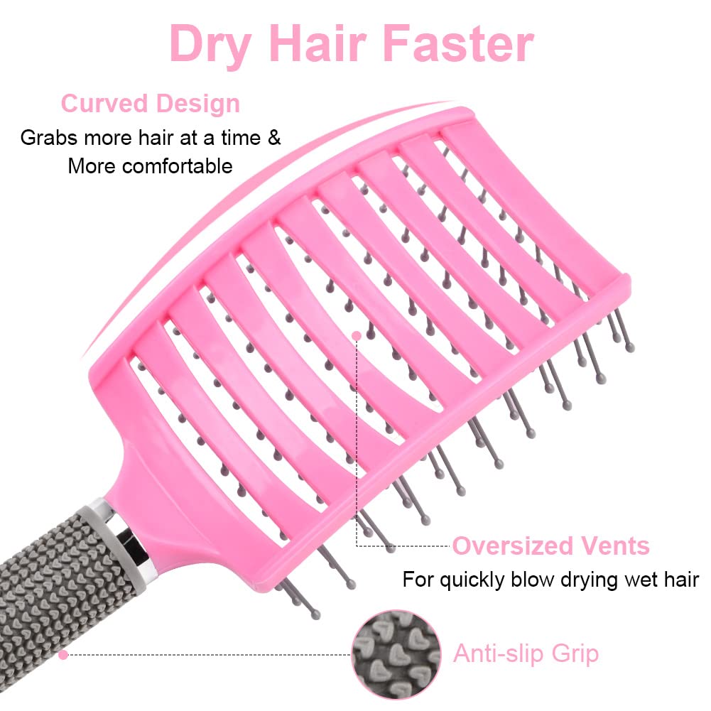 AOOWU Detangling Hair Brush for Long Thick Curly Hair - Soft Massage Paddle Hairbrush for Men & Women - Reduces Hair Breakage & Damage - Perfect for Daily Styling, Salon Use & Travel (Pink)
