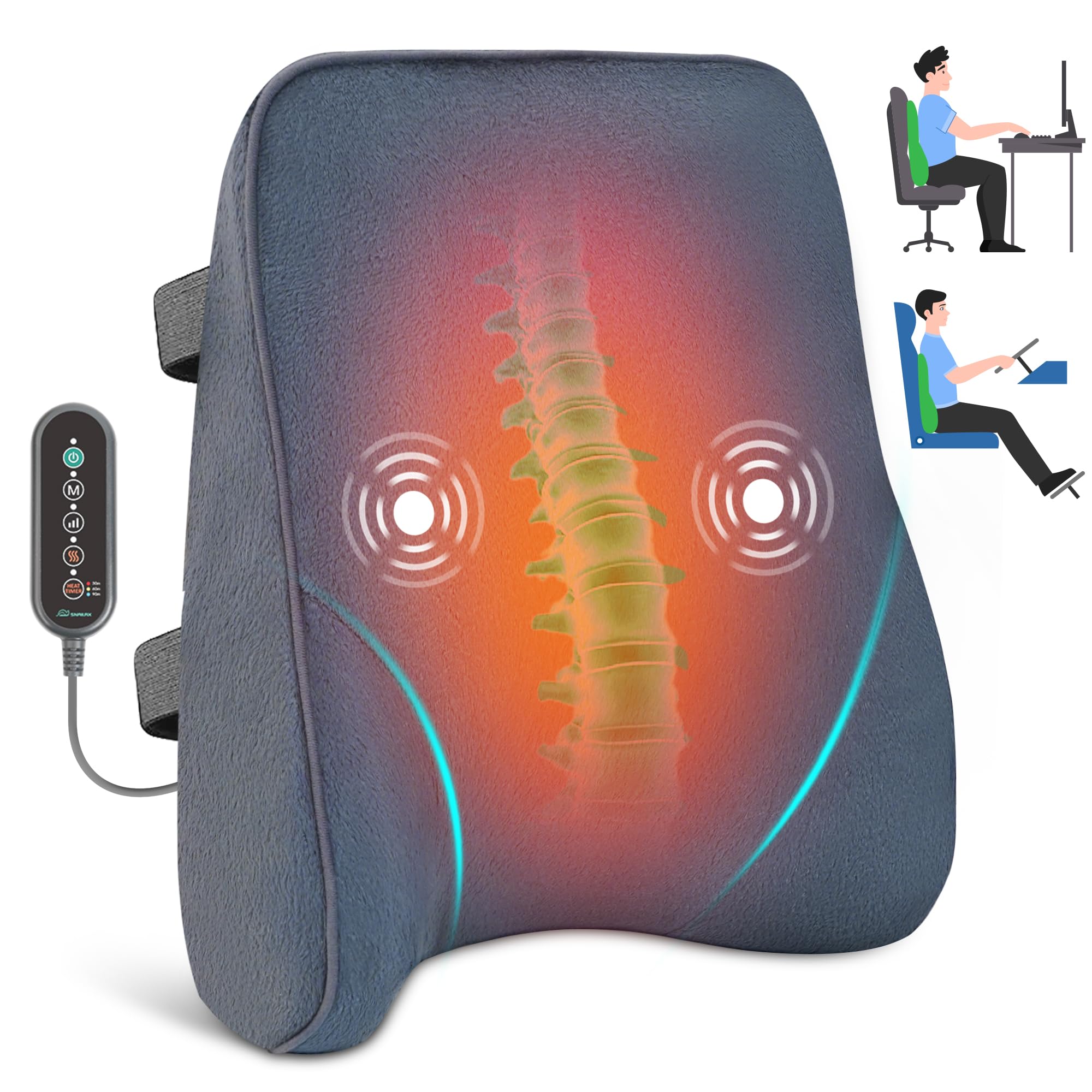 Snailax Heated Lumbar Support Pillow with Vibration - 3 Heat Levels & 3 Massage Modes - Office Chair & Car Back Support Cushion - Lower Back Pain Relief - Perfect for Work, Driving & Relaxation at Home