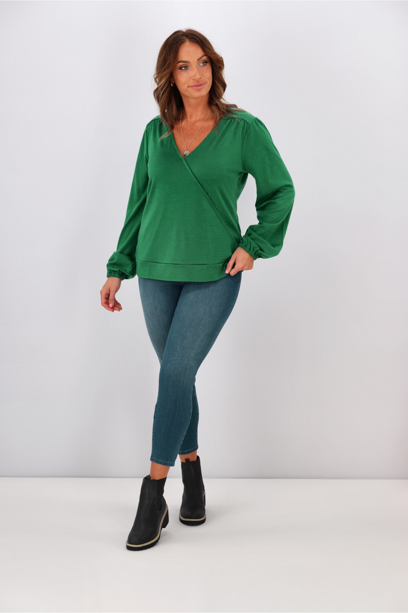 Alpine by Shine On Petra Crossover Merino Wool Top in Emerald Green - Soft & Warm Women's Winter Layering Piece for Hiking & Outdoor Activities