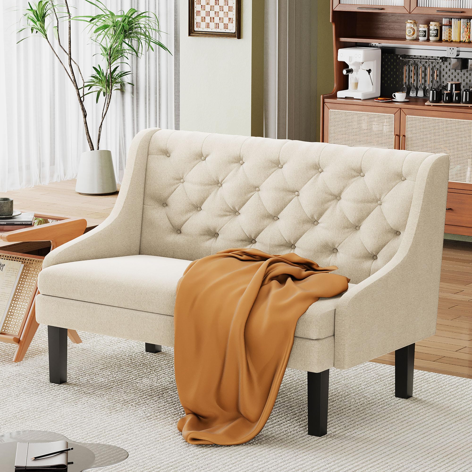 Andeworld Modern Tufted Button Back Upholstered Loveseat - Ivory Small Couch for Living Room, Bedroom, Entryway or Hallway - Perfect for Cozy Seating, Small Spaces and Home Decor
