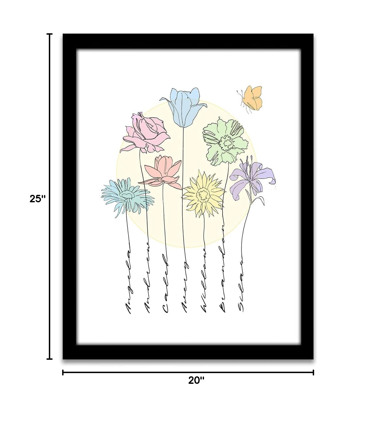 Personalized Flower Art with Names - Custom Framed Canvas 20x25 Inch - Perfect for Home Decor, Gifts & Family Keepsakes