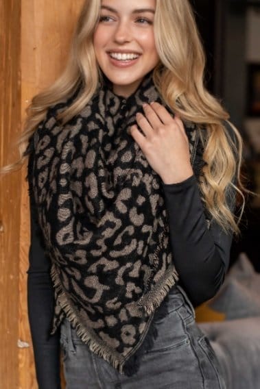 Black and Taupe Leopard Print Blanket Scarf - Soft Cozy Oversized Wrap Shawl for Women, Winter Fashion Accessory | Perfect for Travel, Office, and Outdoor Activities