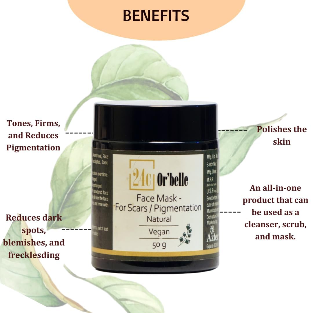 Orbelle Brightening Face Mask with Ashwagandha, Rice Powder & Tea Tree Extract - Reduces Scars & Pigmentation for Glowing Skin - Perfect for Acne-Prone & Sensitive Skin Care Routine