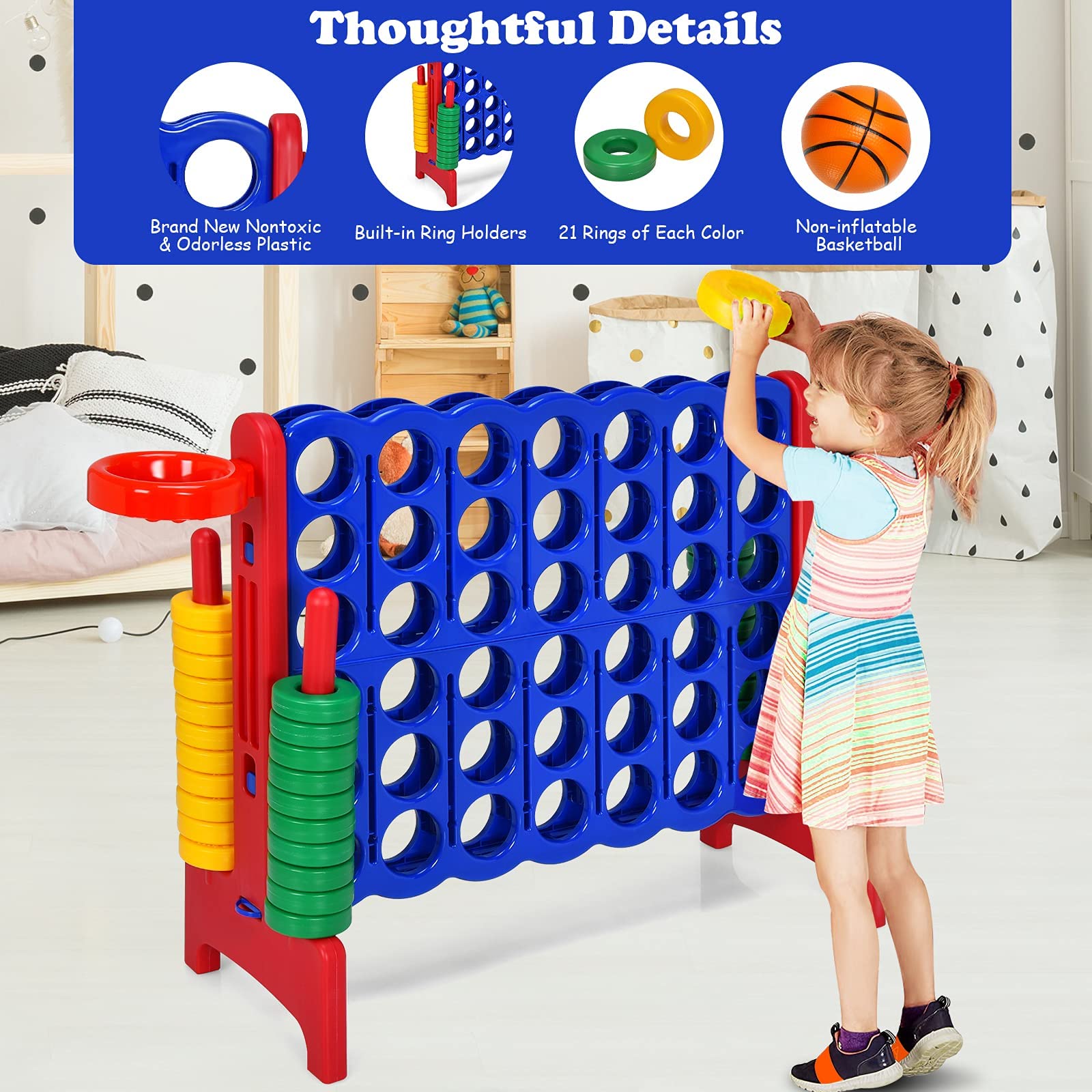 Costzon Giant 4-in-A-Row Game Set with Carrying Bag - Jumbo 4-to-Score Connect Game for Kids & Adults - Includes Basketball Hoop, 42 Large Rings & Quick-Release Slider - Fun Indoor & Outdoor Backyard Party Games for Family Gatherings, BBQs, and Picnics