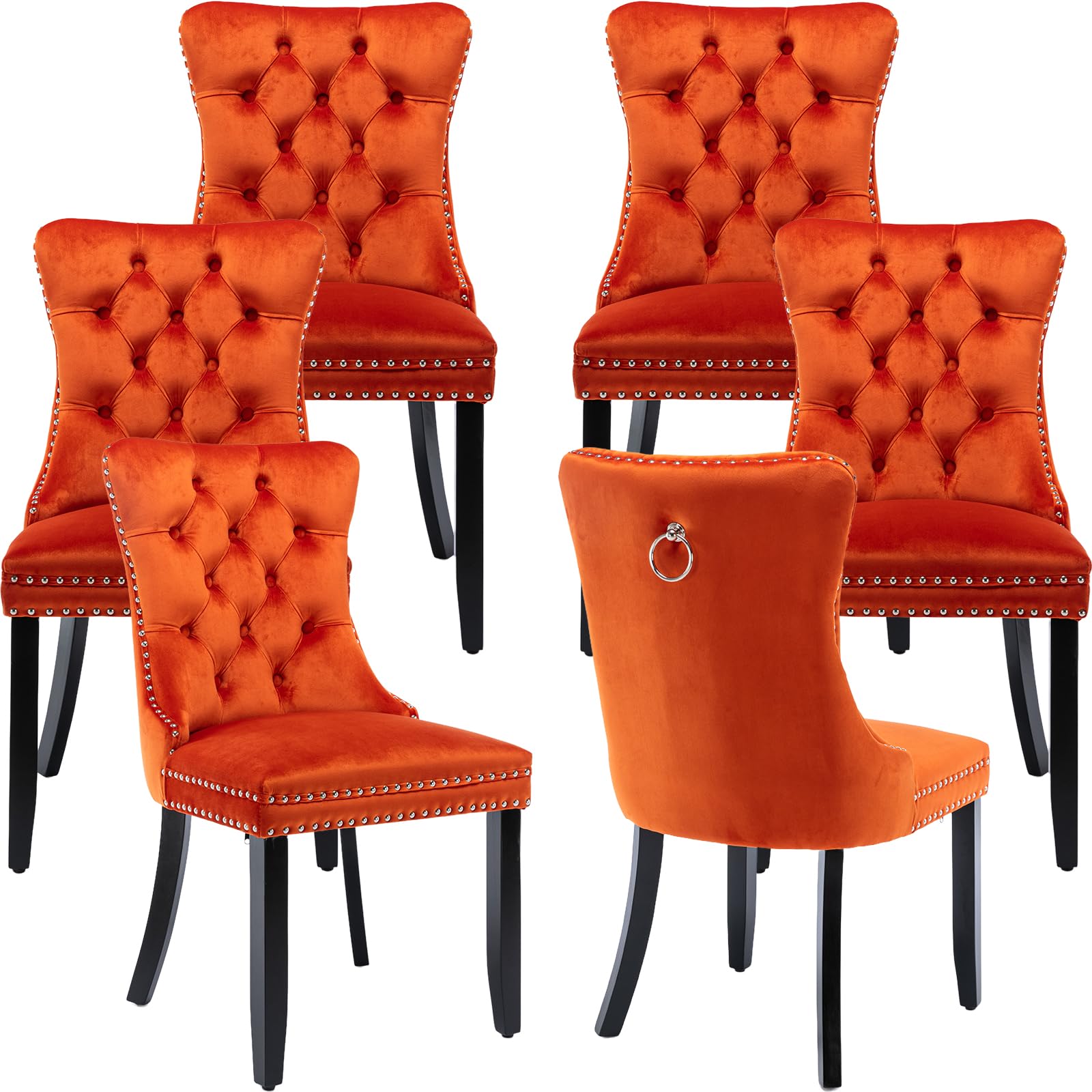 Luxury Orange Velvet Dining Chairs Set of 6 - Tufted Upholstered Kitchen & Dining Room Chairs with Solid Wood Frame - Elegant Home Decor for Dining Room, Kitchen, or Breakfast Nook (Orange, 6 Pieces)