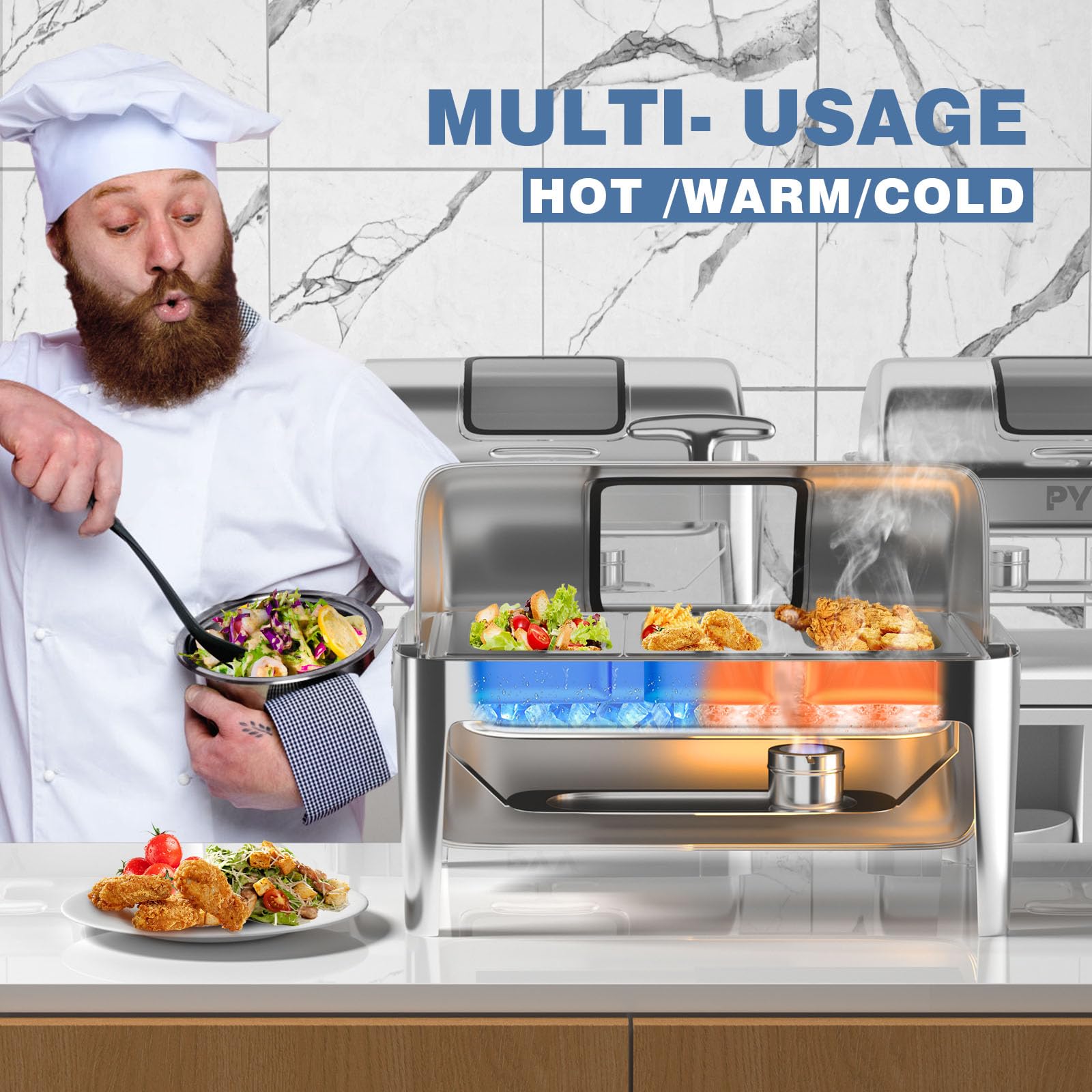 PYY 9QT Stainless Steel Roll Top Chafing Dish Buffet Set with 3 Pans - Commercial Grade Food Warmer for Catering, Restaurants, Weddings & Events | Keep Food Warm at Buffets, Parties & Banquets