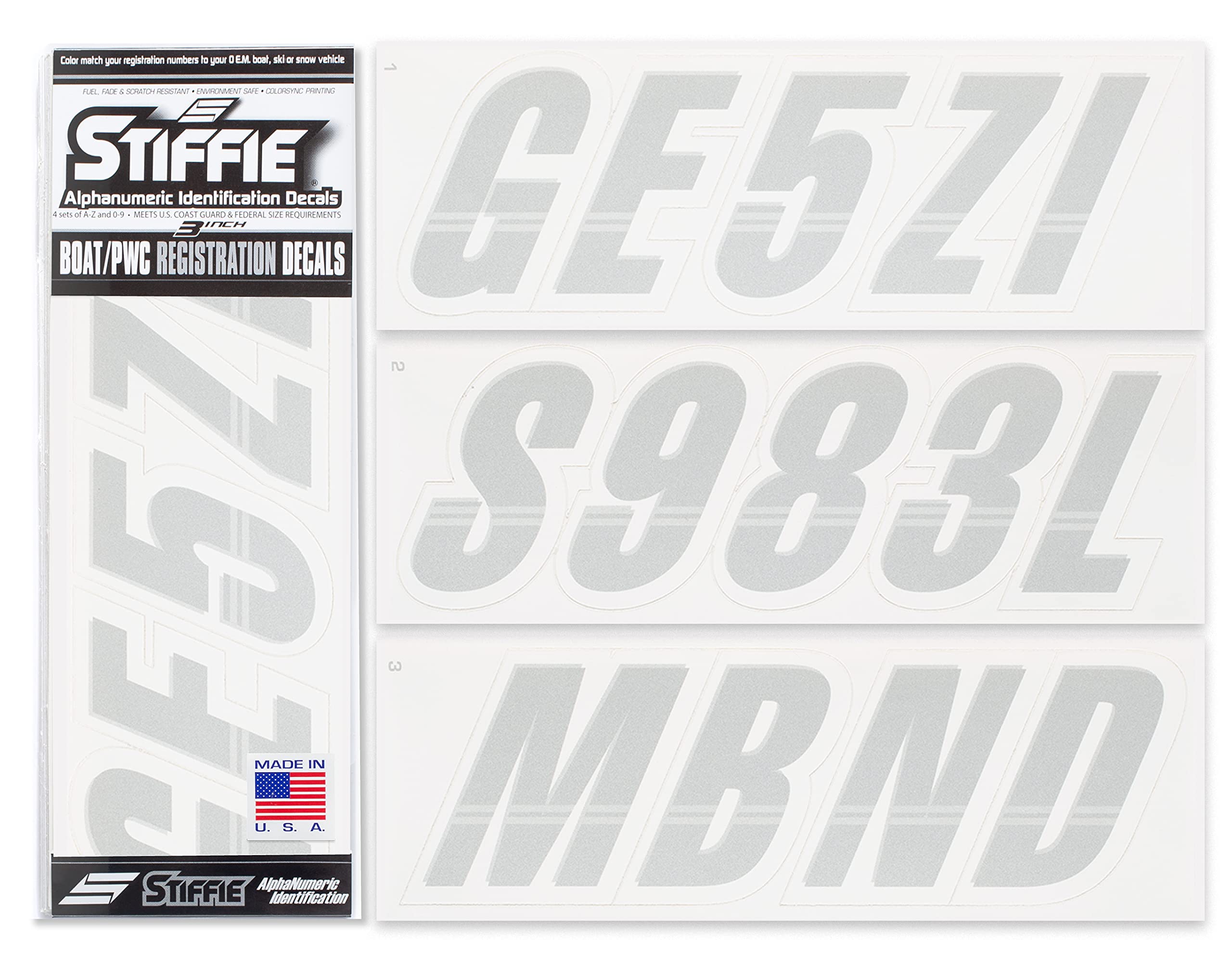 STIFFIE Techtron Metallic Silver/White 3 Inch Boat Registration Numbers & Letters Stickers - Waterproof Decals for PWC, Jet Ski, Kayak, Canoe and Marine Vessels - Perfect for Boat Registration, Watercraft Identification and Compliance