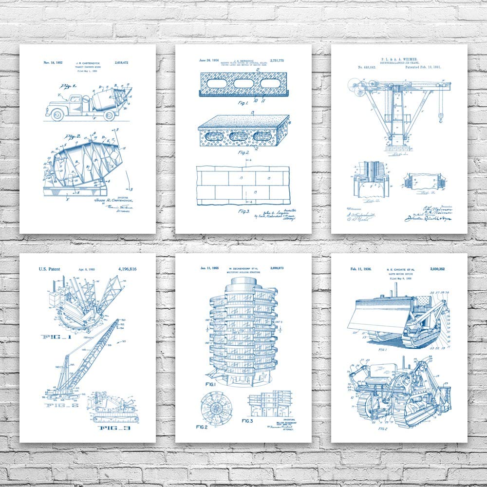 6-Piece Earth Construction Blueprint Poster Set - 20x30 Inch Blue & White Wall Art for Contractors, Builders & DIY Enthusiasts | Perfect for Workshops, Offices & Construction Site Decor
