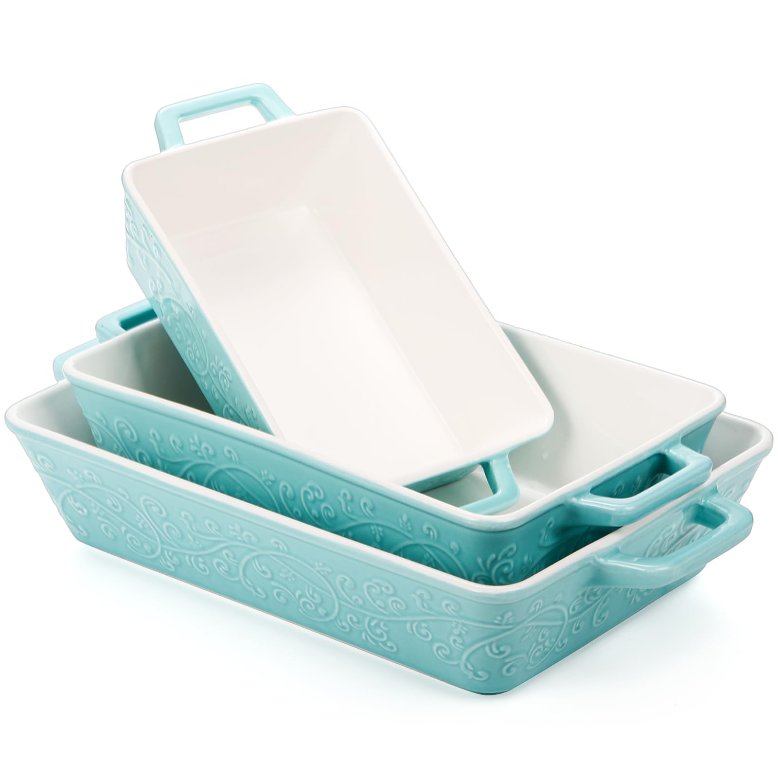 Okllen 3-Piece Ceramic Casserole Dish Set - Oven Safe Rectangular Baking Pans with Handles for Lasagna, Roasting, Broiling & Gratin | Perfect for Home Cooking, Dinner Parties & Wedding/Housewarming Gifts (Blue)
