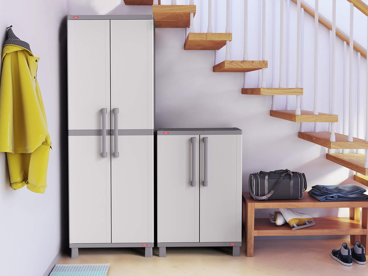 Keter Storage Cabinet with Doors and Shelves - White & Grey Organizer for Laundry Room, Garage, Bathroom, Closet | Perfect for Home Organization and Space Saving Solutions