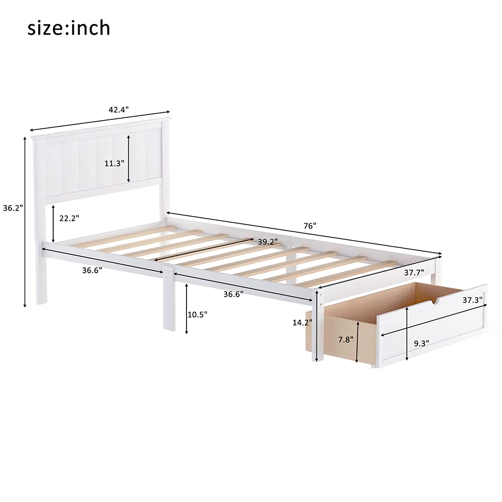 Twin Size Pinewood Platform Bed Frame with Pull-Out Drawers & Headboard - Under-Bed Storage Space - White - Perfect for Guest Room, Bedroom & Small Space Furniture Solutions