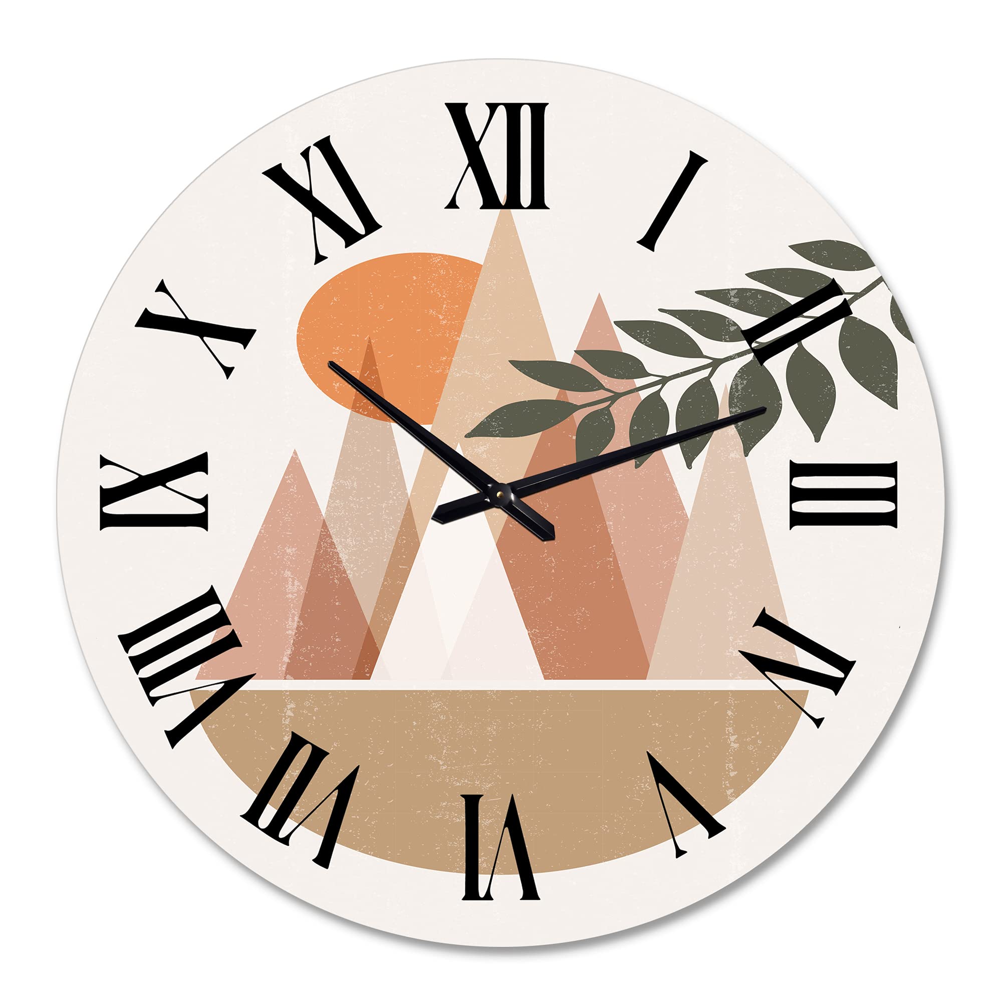 Abstract Sun and Moon in Mountains II - Modern Large Wall Clock for Living Room & Bedroom Decor | Floral Botanical Design | Home Office Wall Art