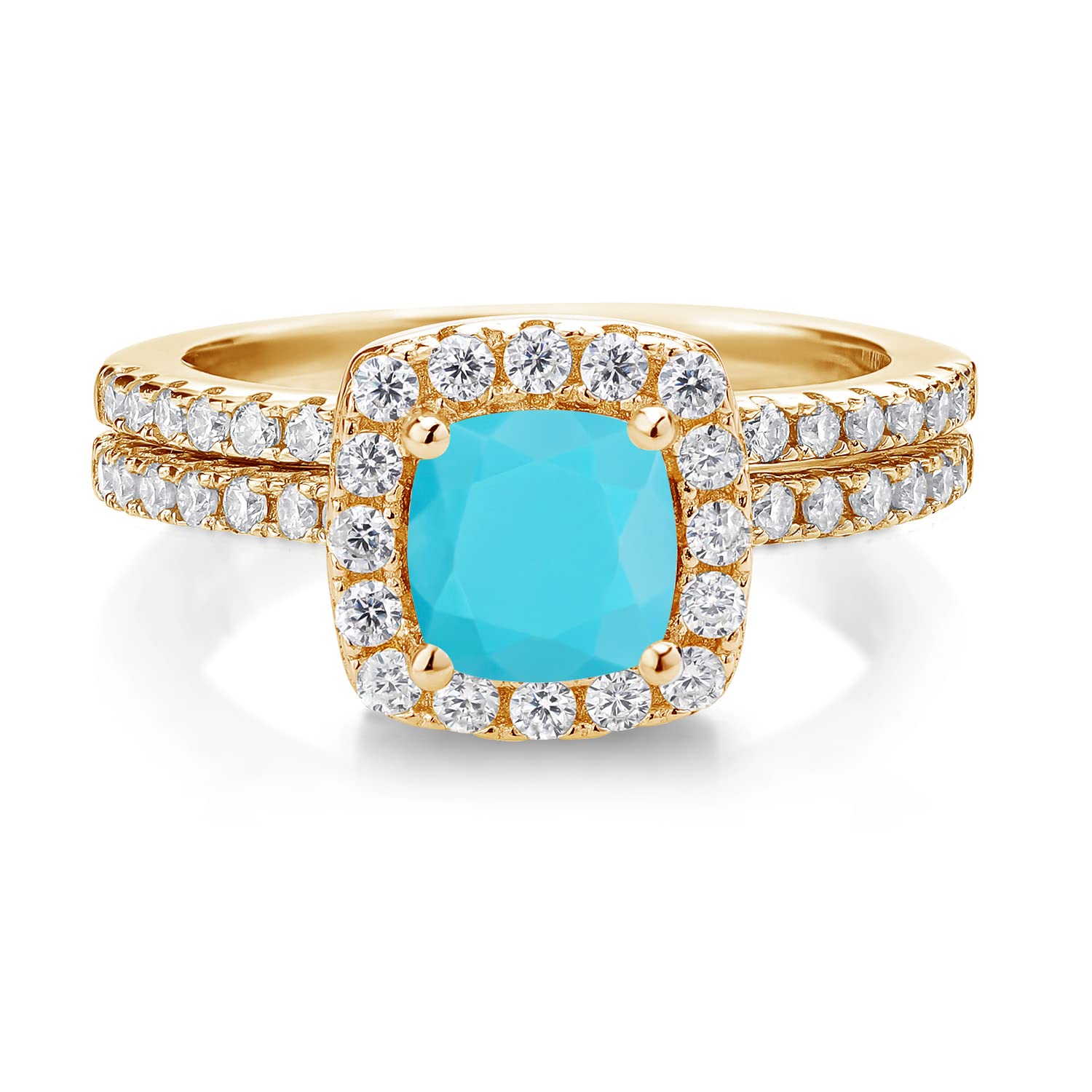 18K Yellow Gold Plated Silver Ring with Cushion Green Turquoise & Moissanite (1.42 CTTW) – Elegant Gemstone Jewelry for Women, Perfect for Engagement, Wedding & Special Occasions
