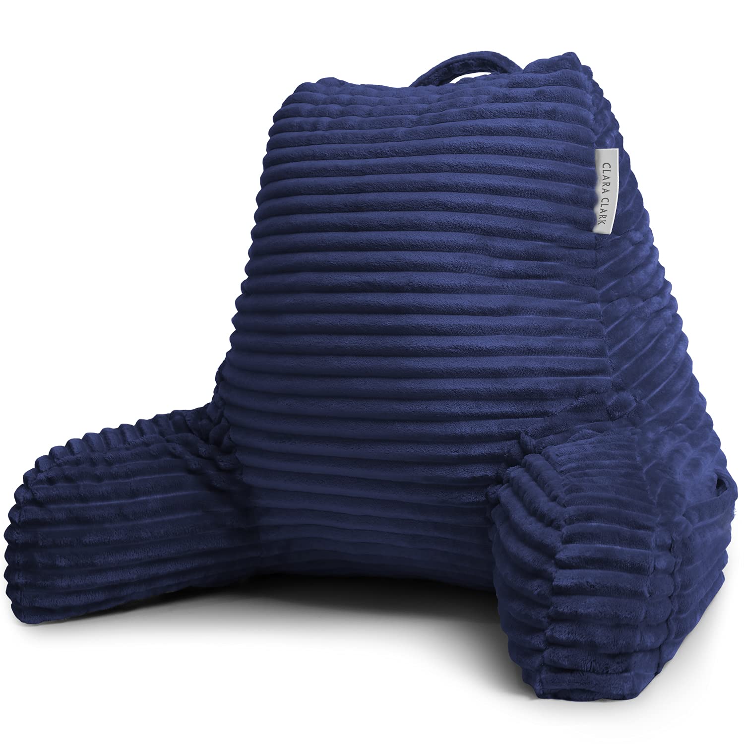 Clara Clark Plush Reading Pillow for Adults - Back Support Pillow with Arms & Pockets for Sitting in Bed, Shredded Foam Bed Rest Pillow (Navy) - Perfect for Reading, Watching TV, or Relaxing in Bed