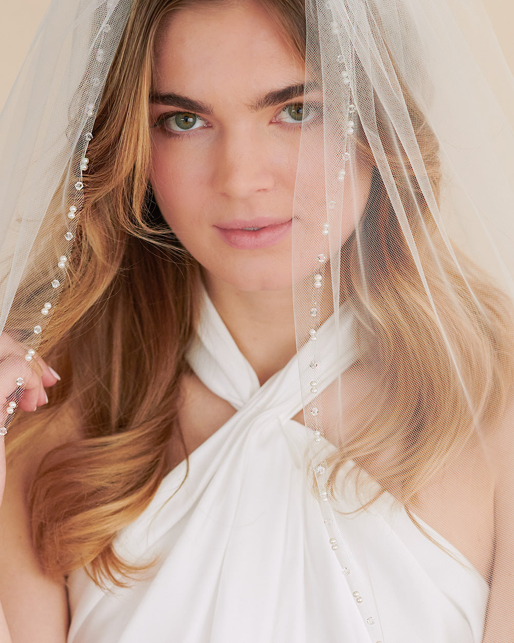 Claire Pearl Wedding Veil - Elegant Bridal Accessory for Church Ceremony & Romantic Photos | Pearl Embellished Tulle Veil with Comb | Perfect for Traditional & Beach Weddings