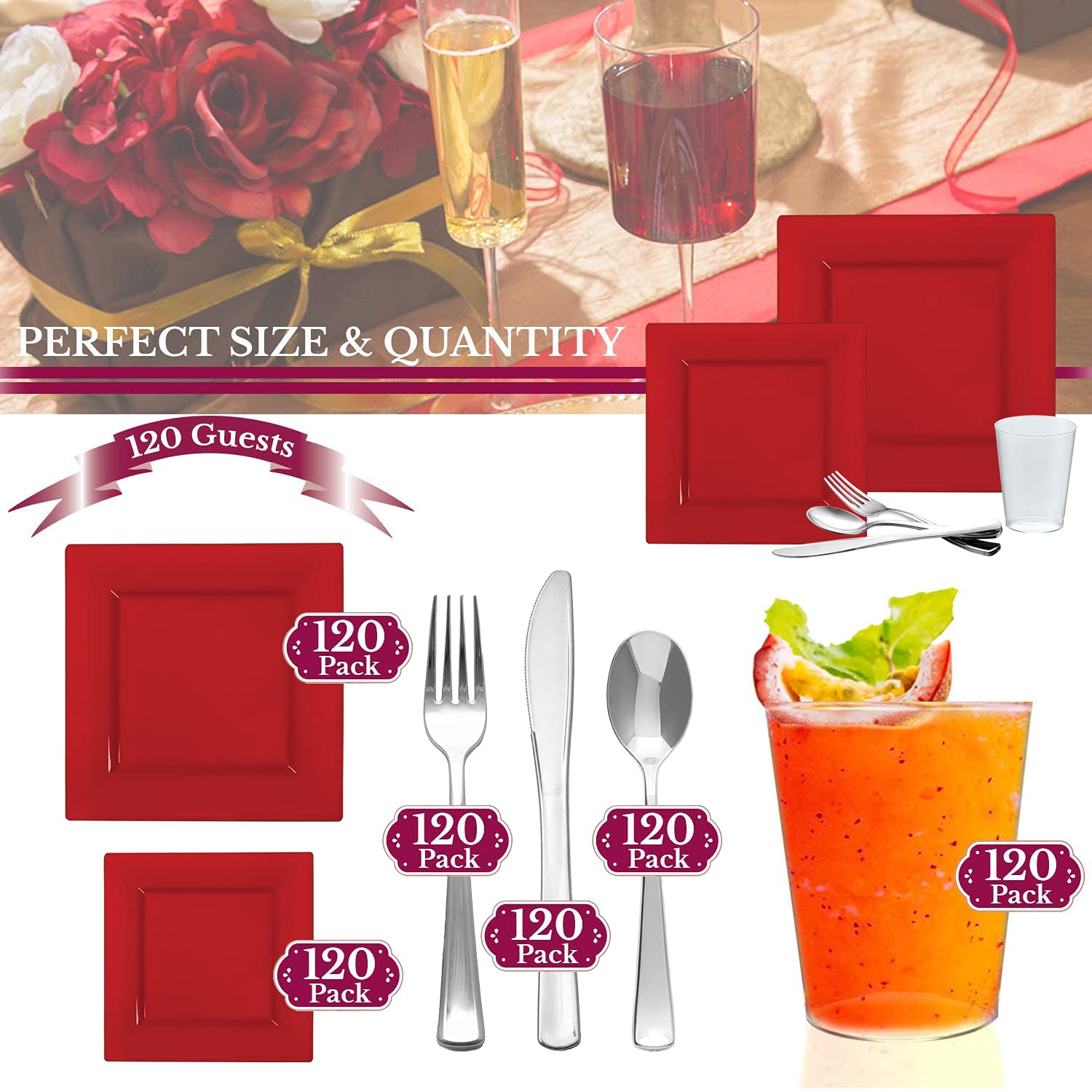 Elegant Disposable Plastic Dinnerware Set - Heavy Duty Plastic Plates for Parties (Red, 120-Piece Wedding Value Pack) | Perfect for Weddings, Banquets, and Large Gatherings
