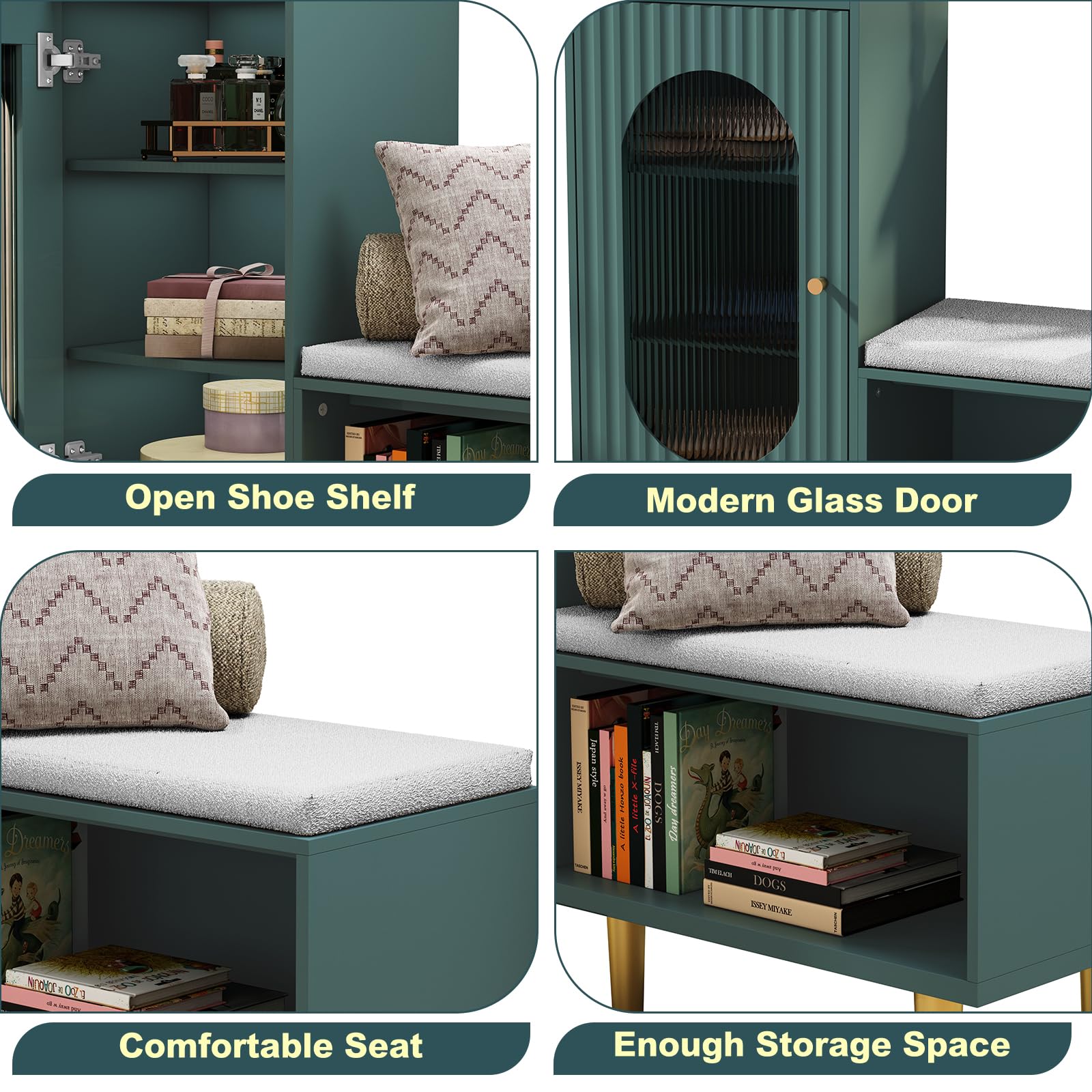 Modern HLR Storage Bench with Glass Door & Shelf - L-Shaped Entryway Shoe Cabinet with Padded Seat, Green Storage Cabinet for Hallway, Bedroom, Living Room & Office - Perfect for Small Space Organization & Entryway Seating