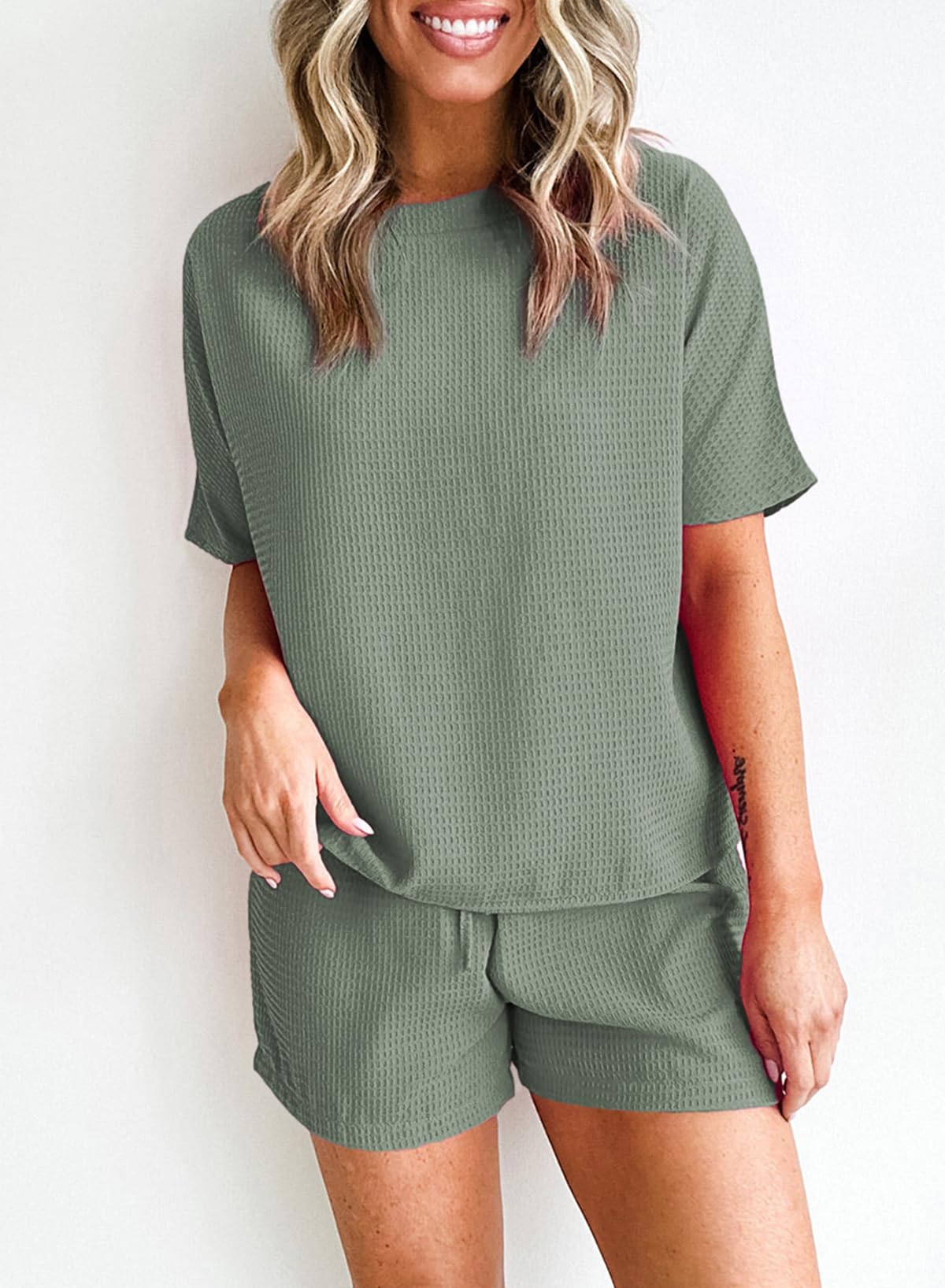 SHEWIN Women's Waffle Knit Pajama Set - 2 Piece Loungewear Outfit with Pockets | Soft & Cozy Sleepwear for Nighttime & Lounge Wear at Home