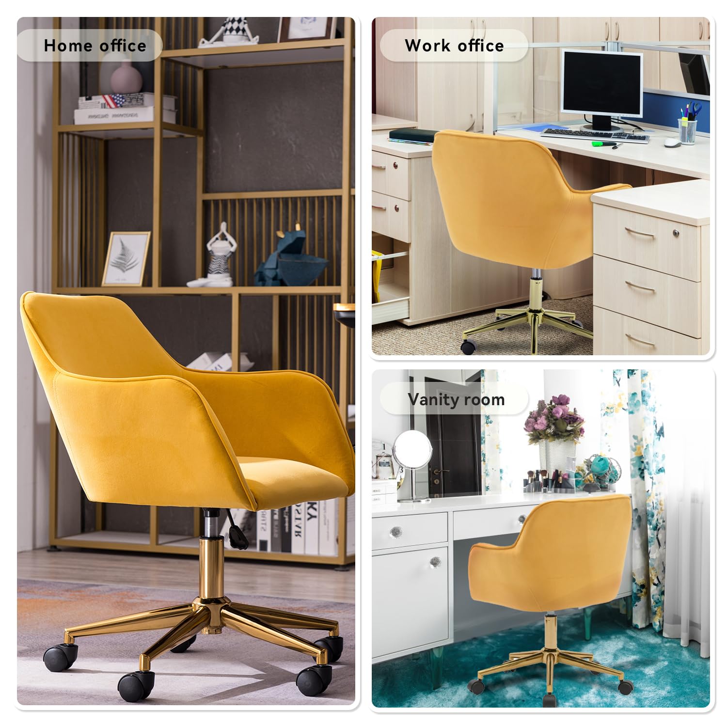 Luxury Velvet Home Office Chair - Adjustable Swivel Desk Chair with Wheels & Gold Base, Modern Rolling Vanity Chair for Home Office, Bedroom, Dressing Room - Perfect for Working, Studying & Makeup