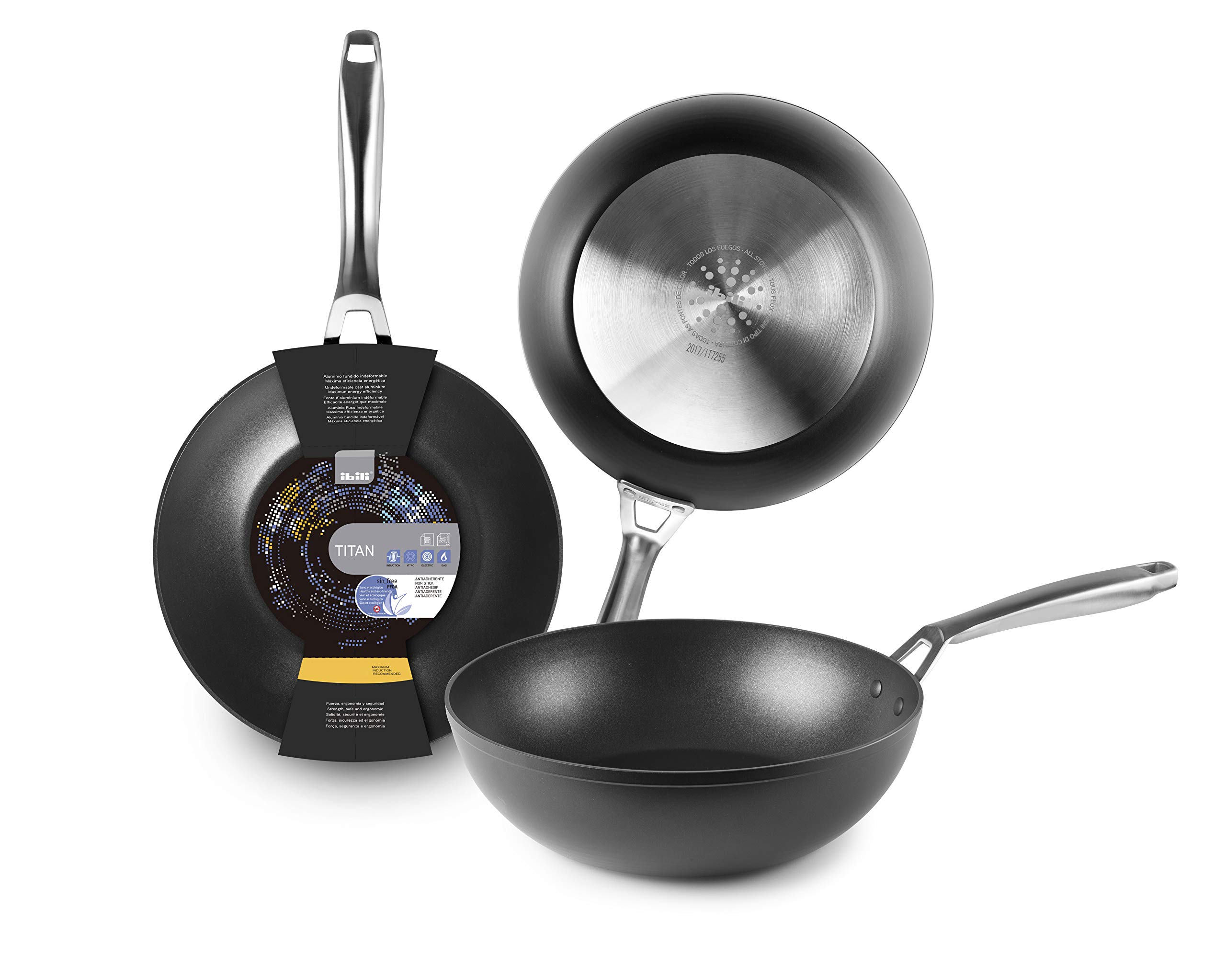 IBILI Titan 30cm Non-Stick Wok Pan - Black Aluminum Stir Fry Pan with Lid - 52 x 52 x 9 cm - Perfect for Asian Cooking, Stir Frying & Home Kitchen Use