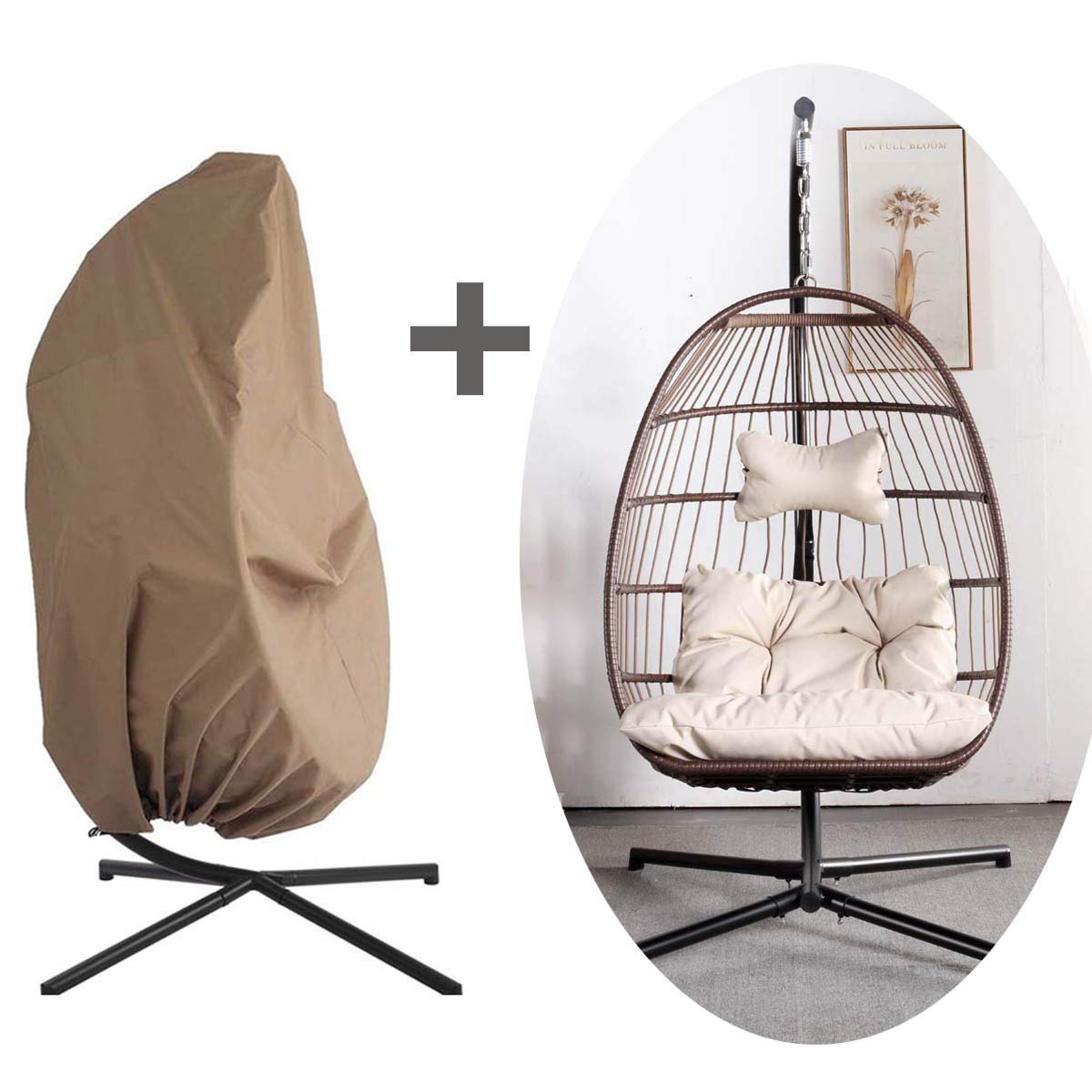 Outdoor Hanging Egg Chair Swing with UV-Resistant Cushions & Aluminum Frame - 350lb Capacity Patio Hammock for Backyard, Balcony, Garden - Perfect for Relaxing & Reading (Brown with Protective Cover)