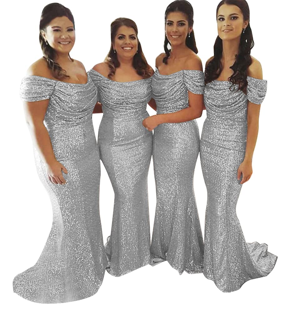 Elegant Off Shoulder Mermaid Sequin Bridesmaid Dress - Bodycon Prom Gown with Long Ruched Design for Formal Weddings & Special Occasions | Perfect for Evening Galas, Cocktail Parties & Red Carpet Events