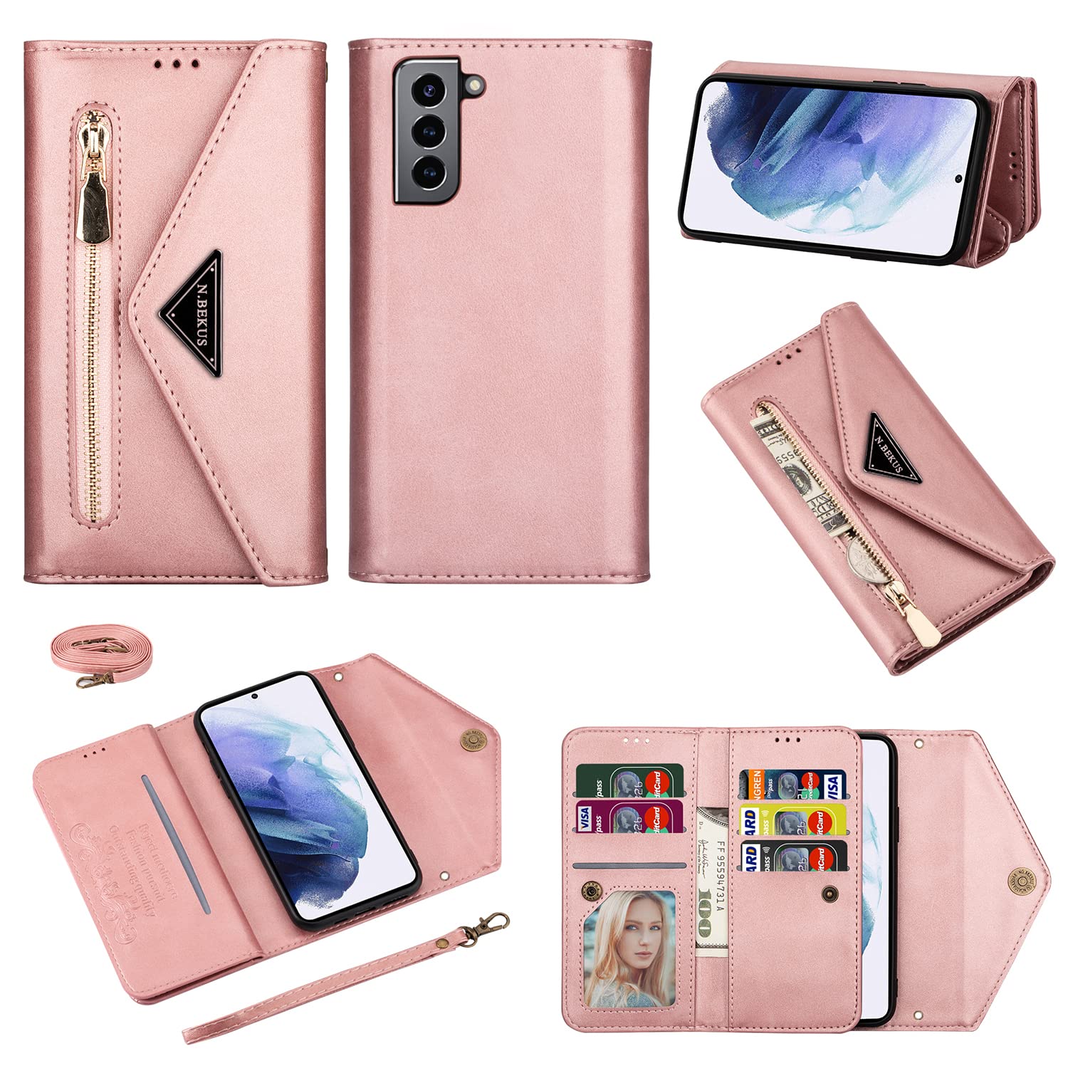 Samsung Galaxy S22 Plus Wallet Case with Crossbody Strap & ID Holder - Rose Gold XK | Slim Protective Phone Cover for Women, Travel, Shopping, and Everyday Use