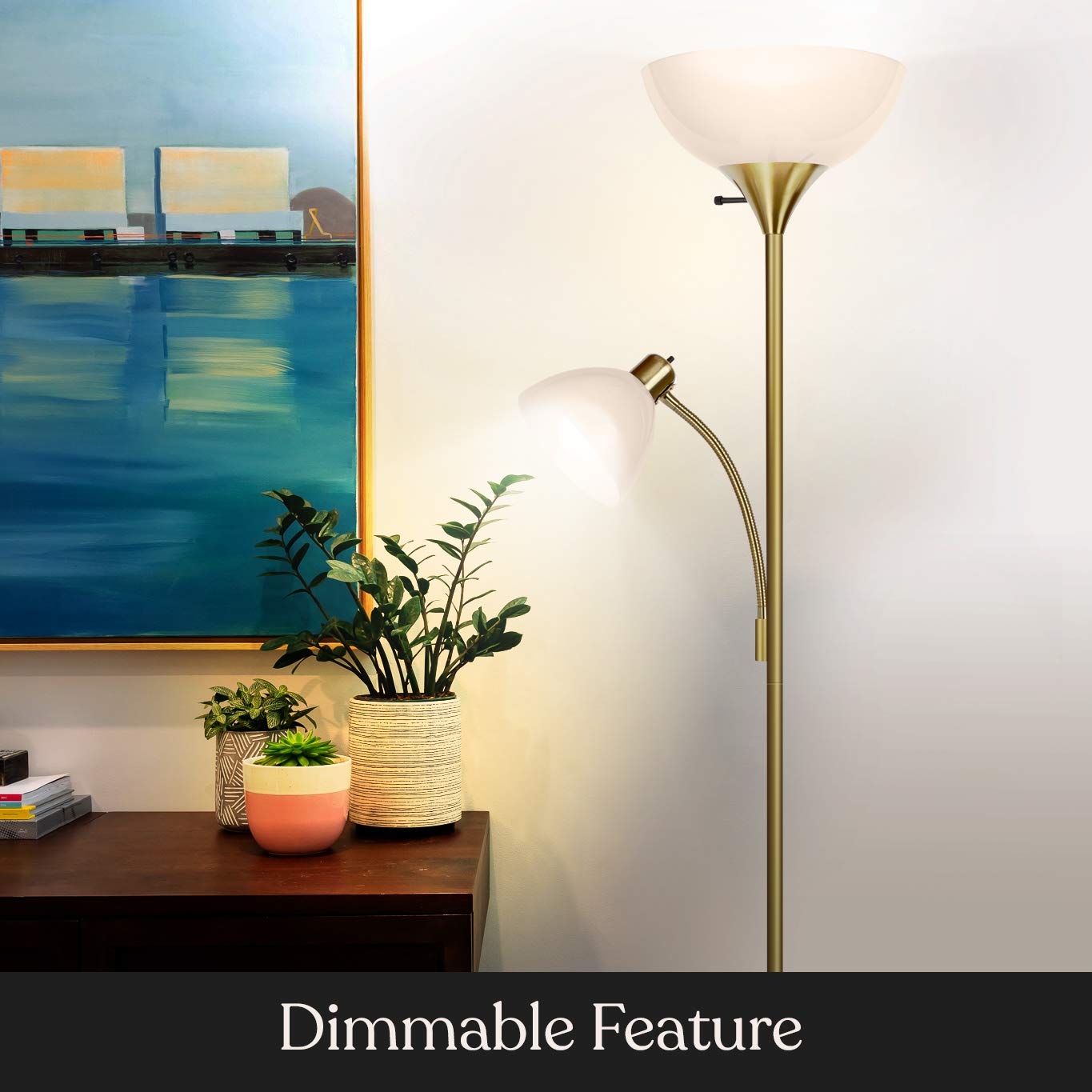 Brightech Sky Dome Plus LED Floor Lamp - Super Bright Dimmable Torchiere Standing Lamp for Living Room, Bedroom & Office - Adjustable Reading Light in Gold Brass Finish - Perfect for Cozy Nights & Workspaces