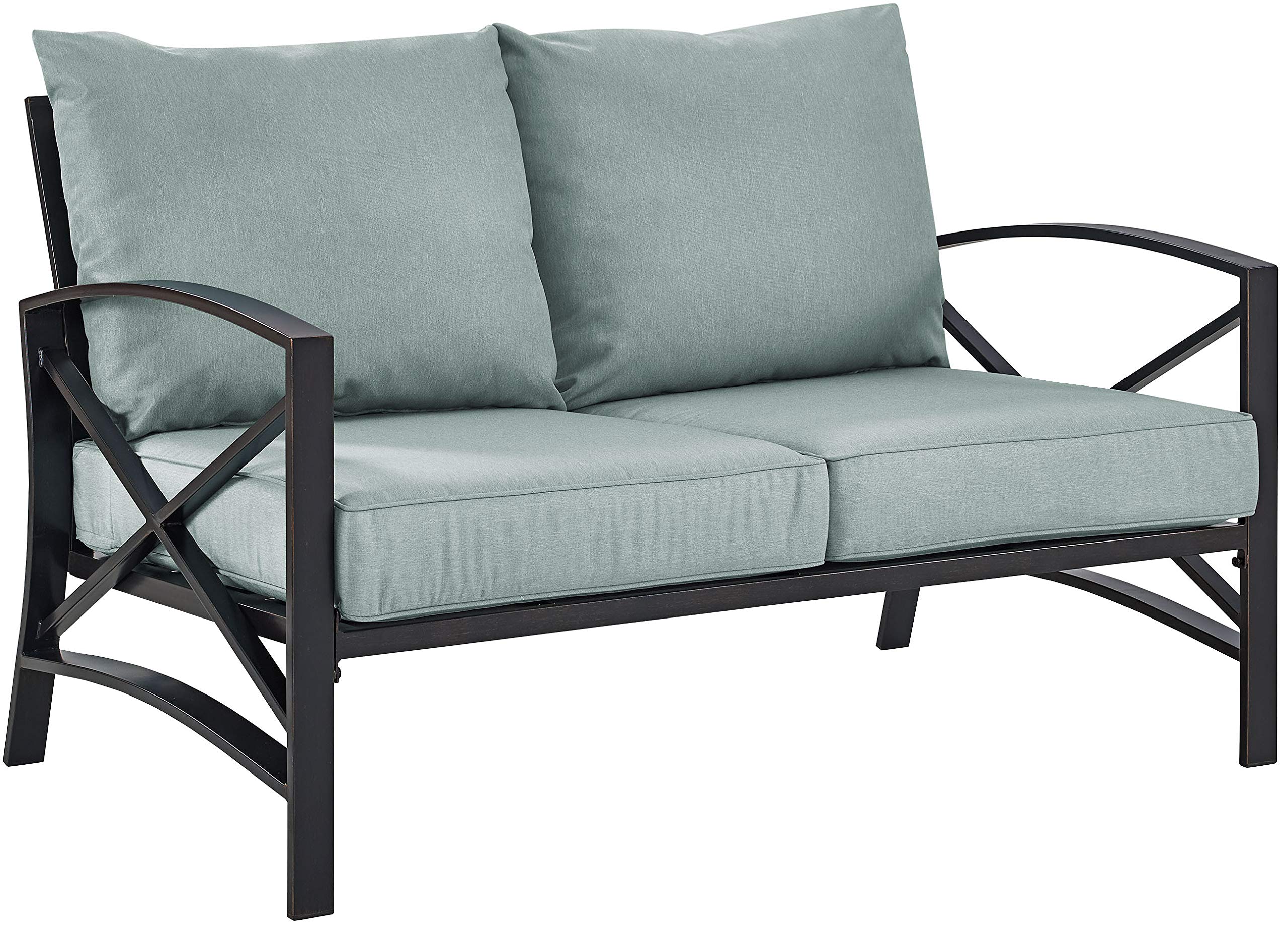 Crosley Furniture Kaplan 3-Piece Outdoor Loveseat Patio Set - Oiled Bronze Frame with Mist Cushions - Perfect for Porch, Deck, Garden & Backyard Relaxation