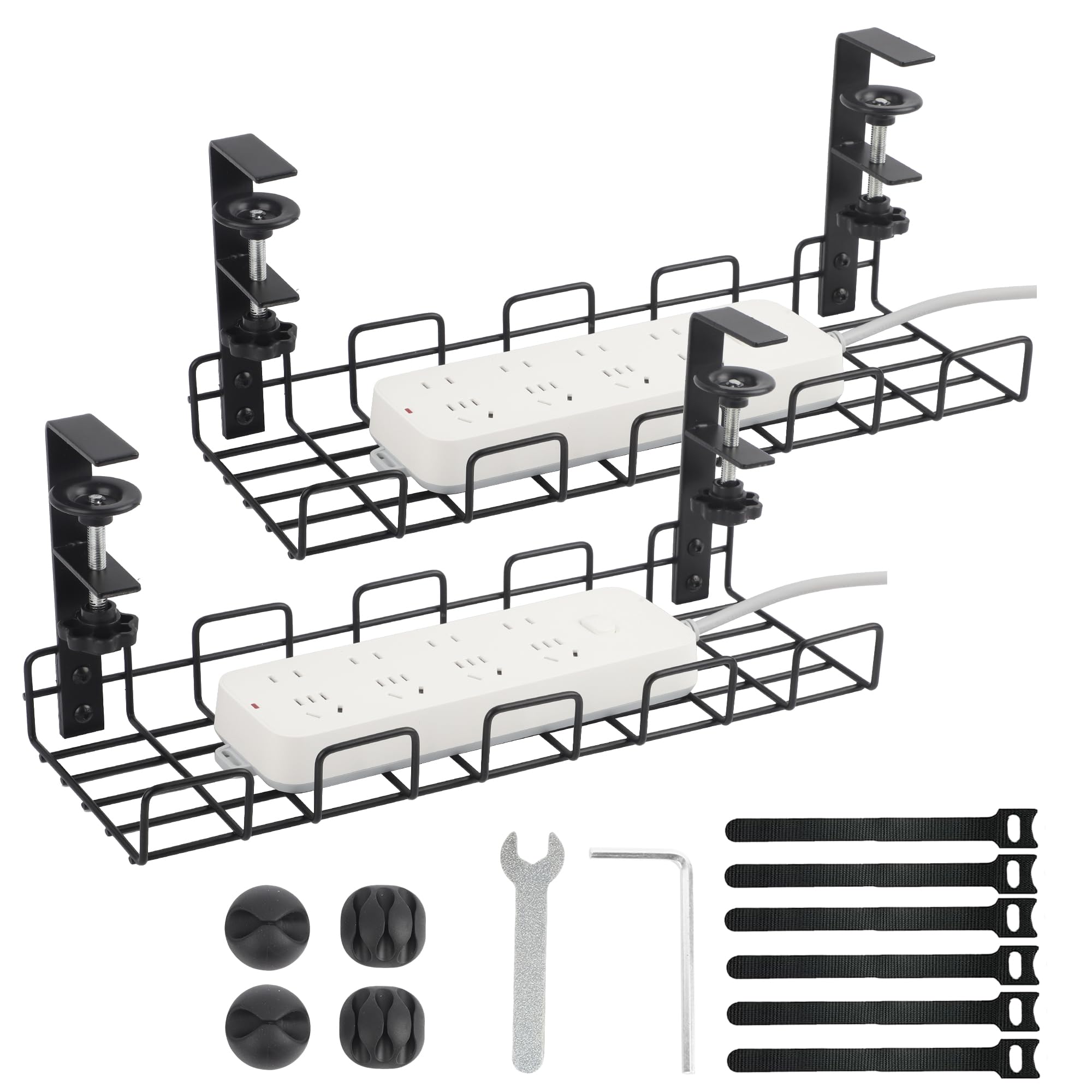 COSYAWN Under Desk Cable Management Tray - No Drill Steel Wire Organizer for Office & Home (2 Pack, Black) | Keep Cables Neat Under Computer Desk & Workstation