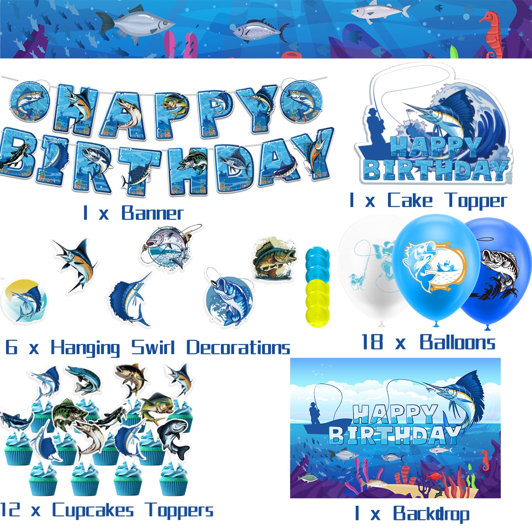 Gone Fishing Birthday Party Decorations Set - Fishing Theme Banner, Swirls, Cake Topper, Cupcake Toppers & Balloons - Perfect for Fishing Themed Birthday Parties, Baby Showers & Outdoor Events