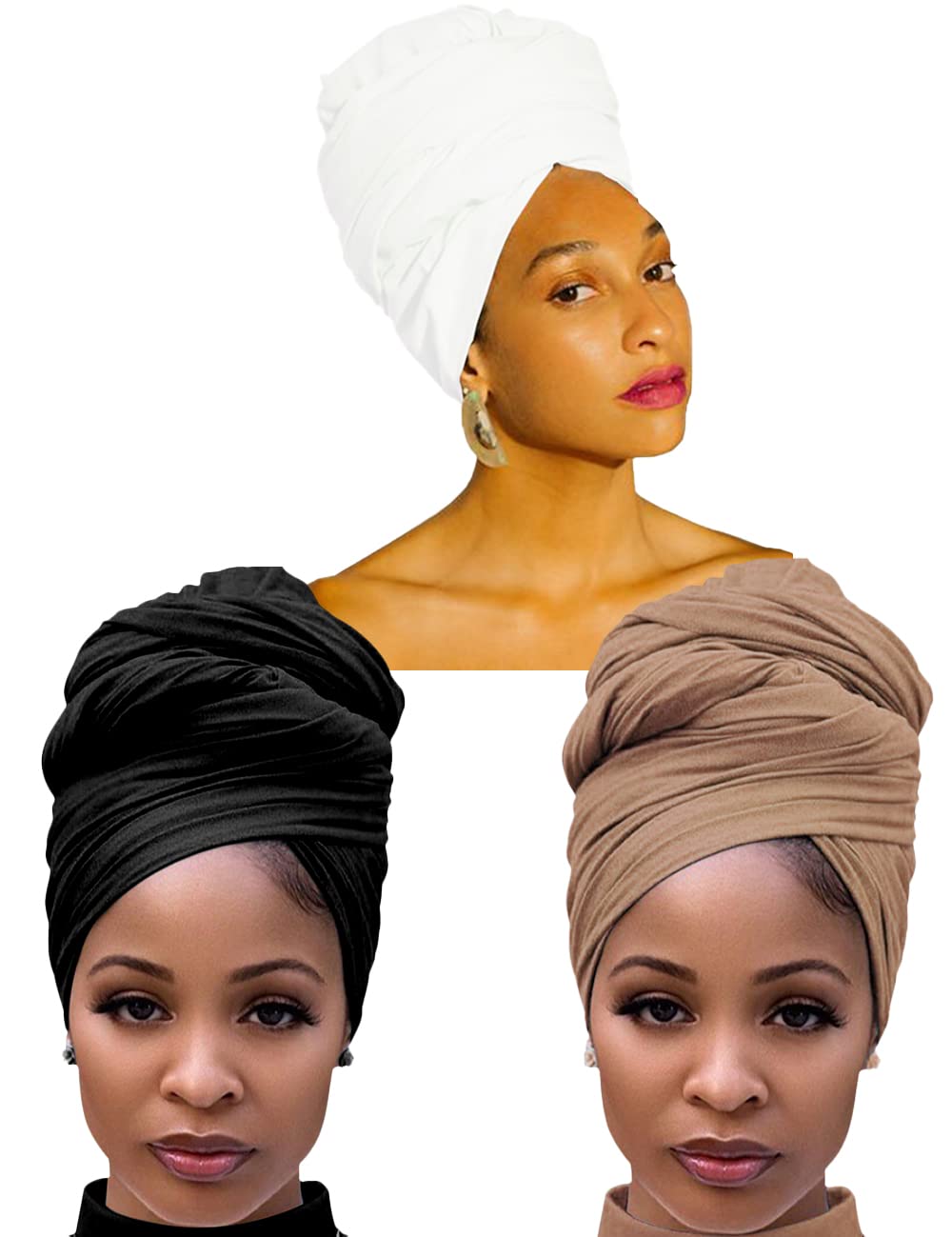 Harewom 3-Pack Stretchy Turban Headwraps for Black Women - Soft Jersey African Hair Wraps, Headbands & Head Scarves - Perfect for Protective Styles, Workouts, and Everyday Fashion