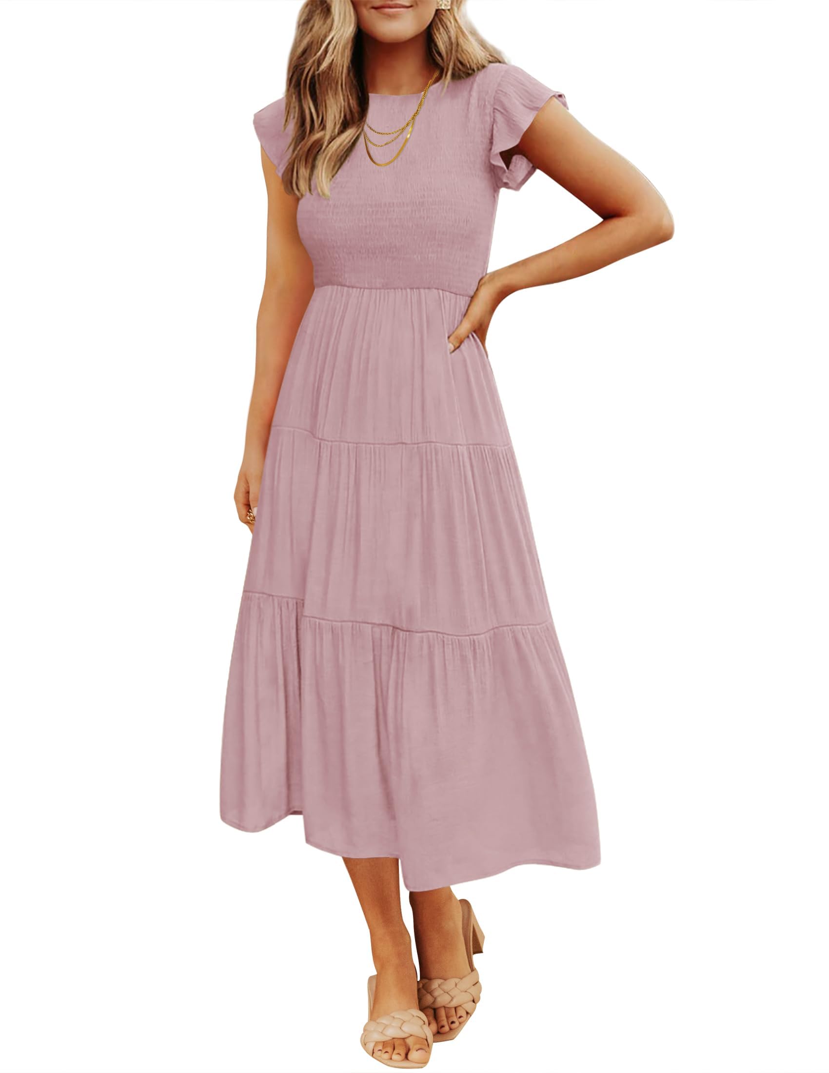 ZESICA Women's Summer Flutter Short Sleeve Smocked Waist Tiered Midi Dress - Casual Crew Neck Elastic Waist Flowy Dress for Beach, Vacation & Everyday Wear