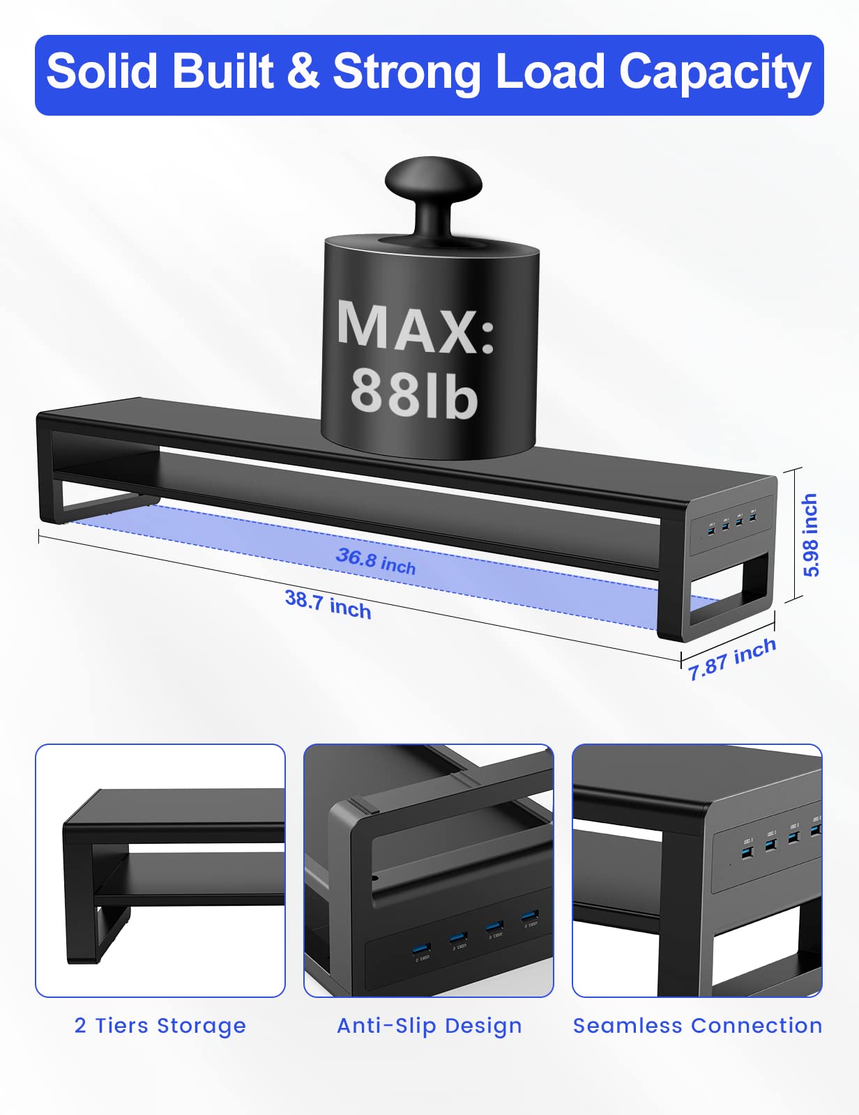 STARSIKI Monitor Stand with Multi-Port Charging Station | RGB LED Lights | Storage Drawers & Phone Holder | Fast USB-C & USB-A Charging | Ergonomic Desk Organizer for Home Office, Gaming & Work Setup